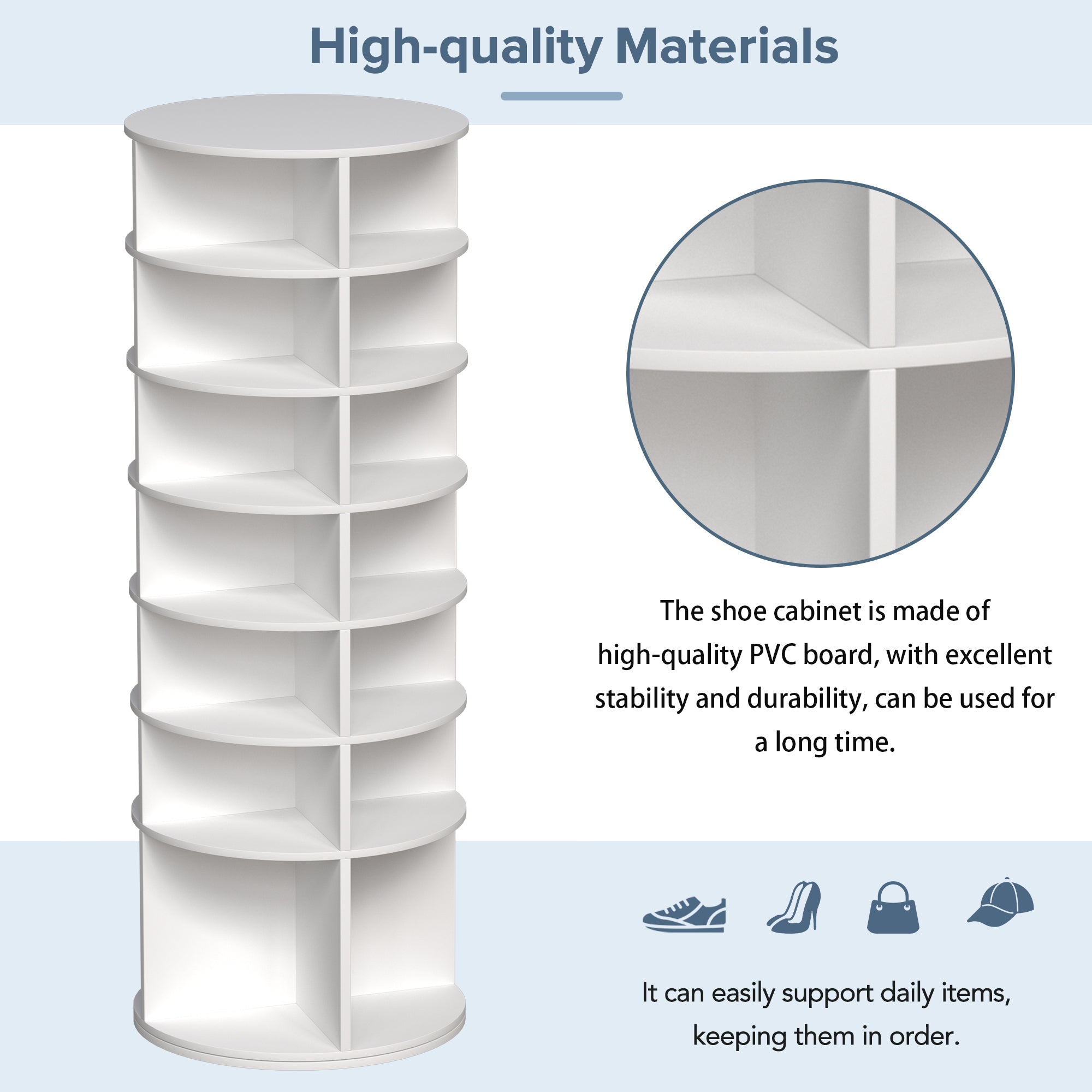 7-Tier Rotating Shoe Rack Tower, 360° Spinning Shoe Organizer, Free Standing Lazy Susan Design, High Bottom Storage, Holds 28 Pairs, White