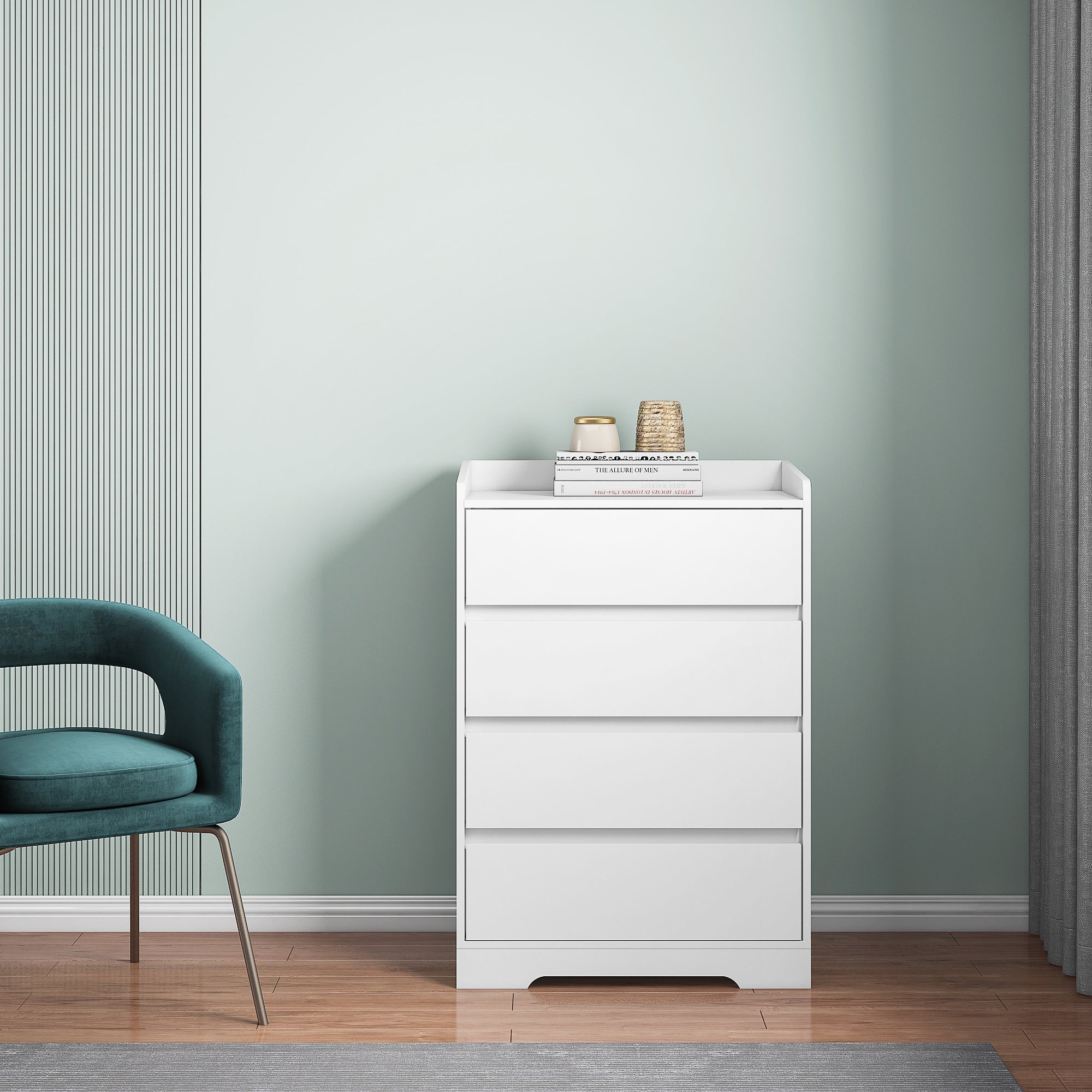 4 Drawer Dresser, Chest of Drawers Without Handle, White Dresser for Bedroom 100% Waterproof, Modern Wooden Cabinet with Sturdy Frame for Living Room, Entryway, Bedroom, Hallway, Office
