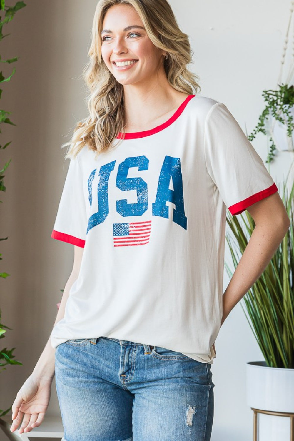 Heimish Full Size USA Contrast Trim Short Sleeve T-Shirt for Women