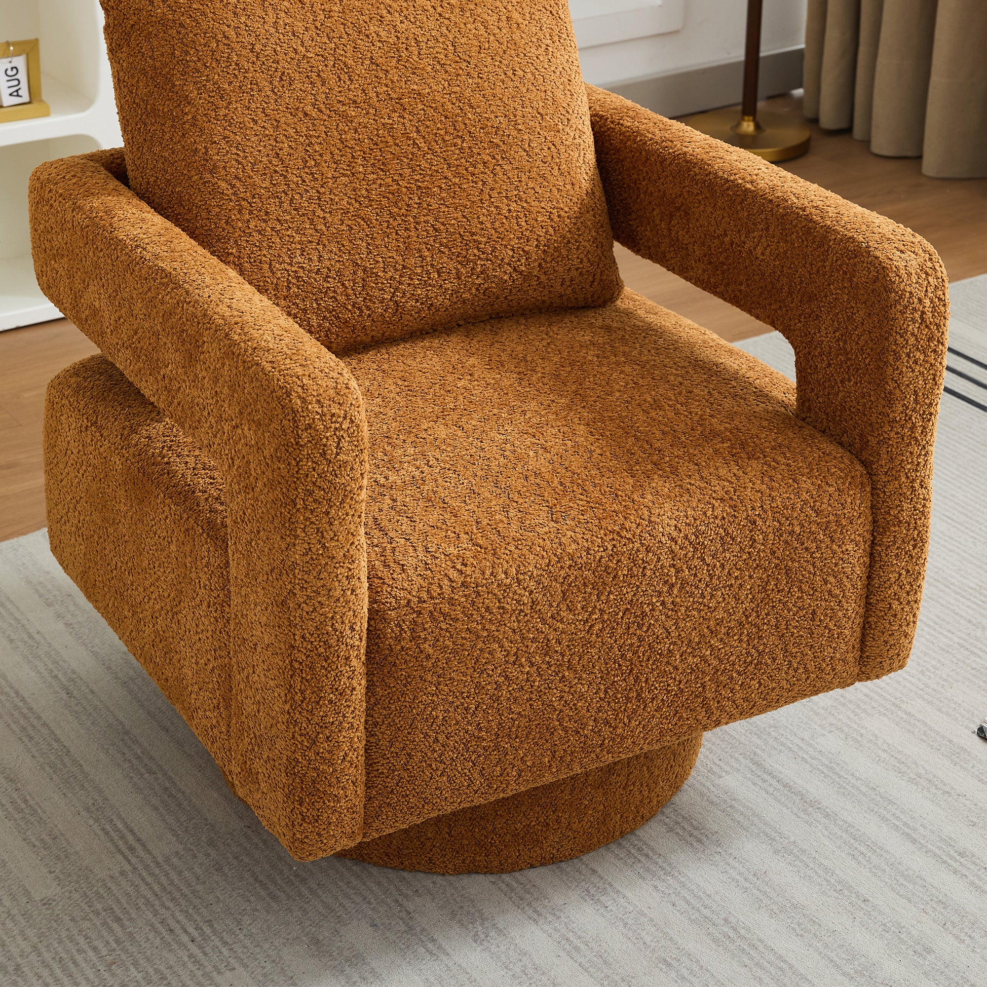 29.13" W Square Swivel Accent Chair, Modern Rotating Arm Chair with Open Back,360 Degree Rotation, Lounge Club Chair with Removable Back Cushion for Living Room, Hotel, Bed Room,Caramel