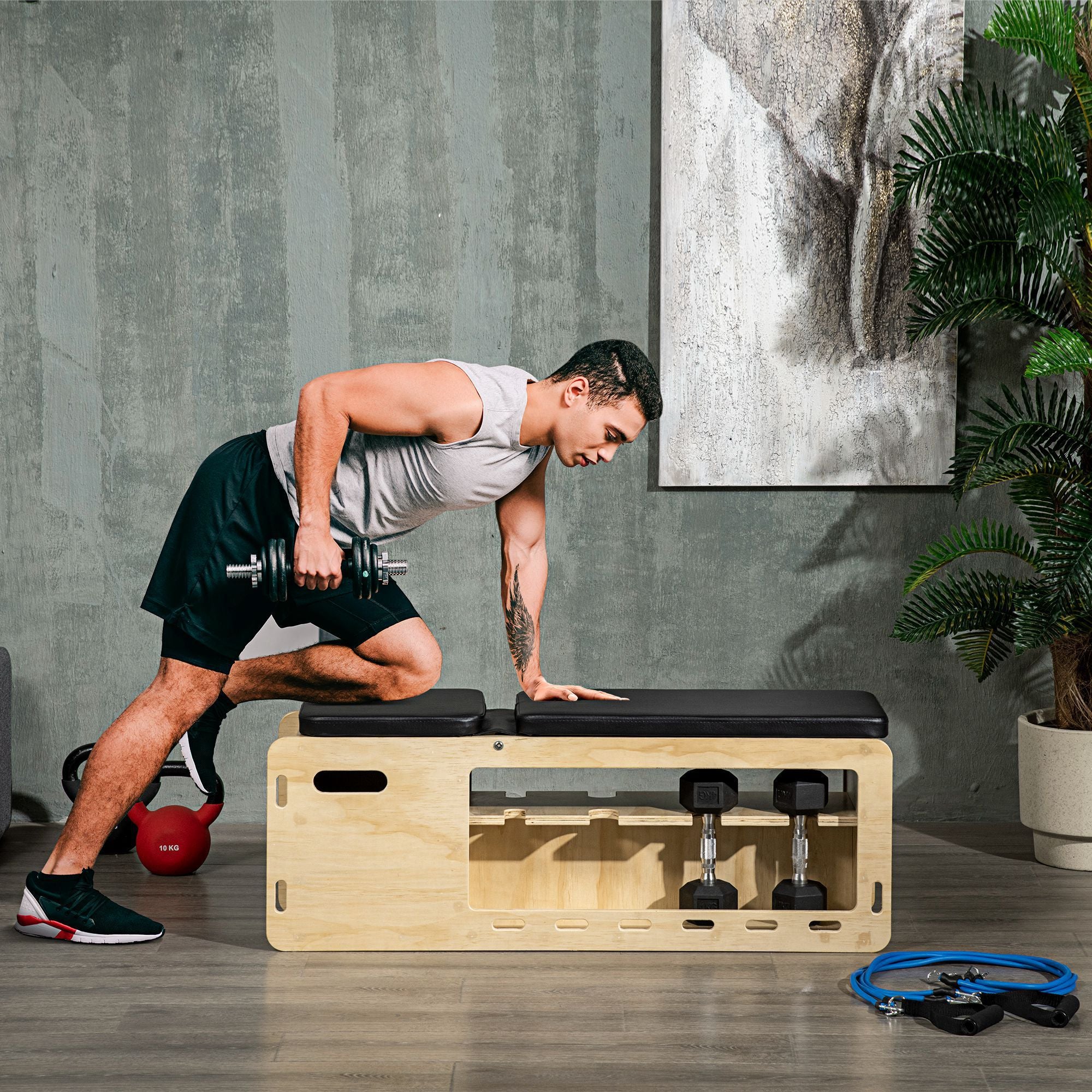 Soozier Adjustable Weight Bench with Storage & Resistance Rope | Incline Workout Bench for Home Gym