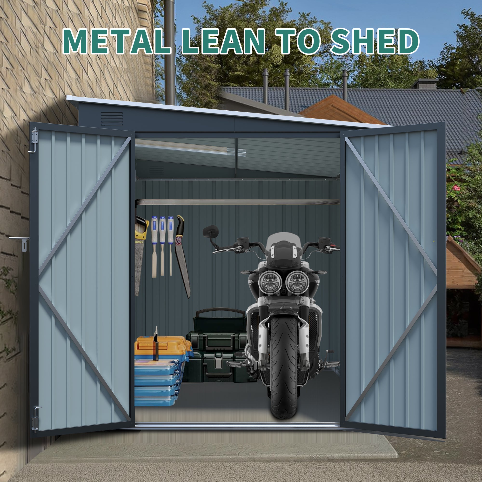 6x8FT Galvanized Steel Outdoor Storage Shed | Metal Lean-To Shed with Lockable Double Doors
