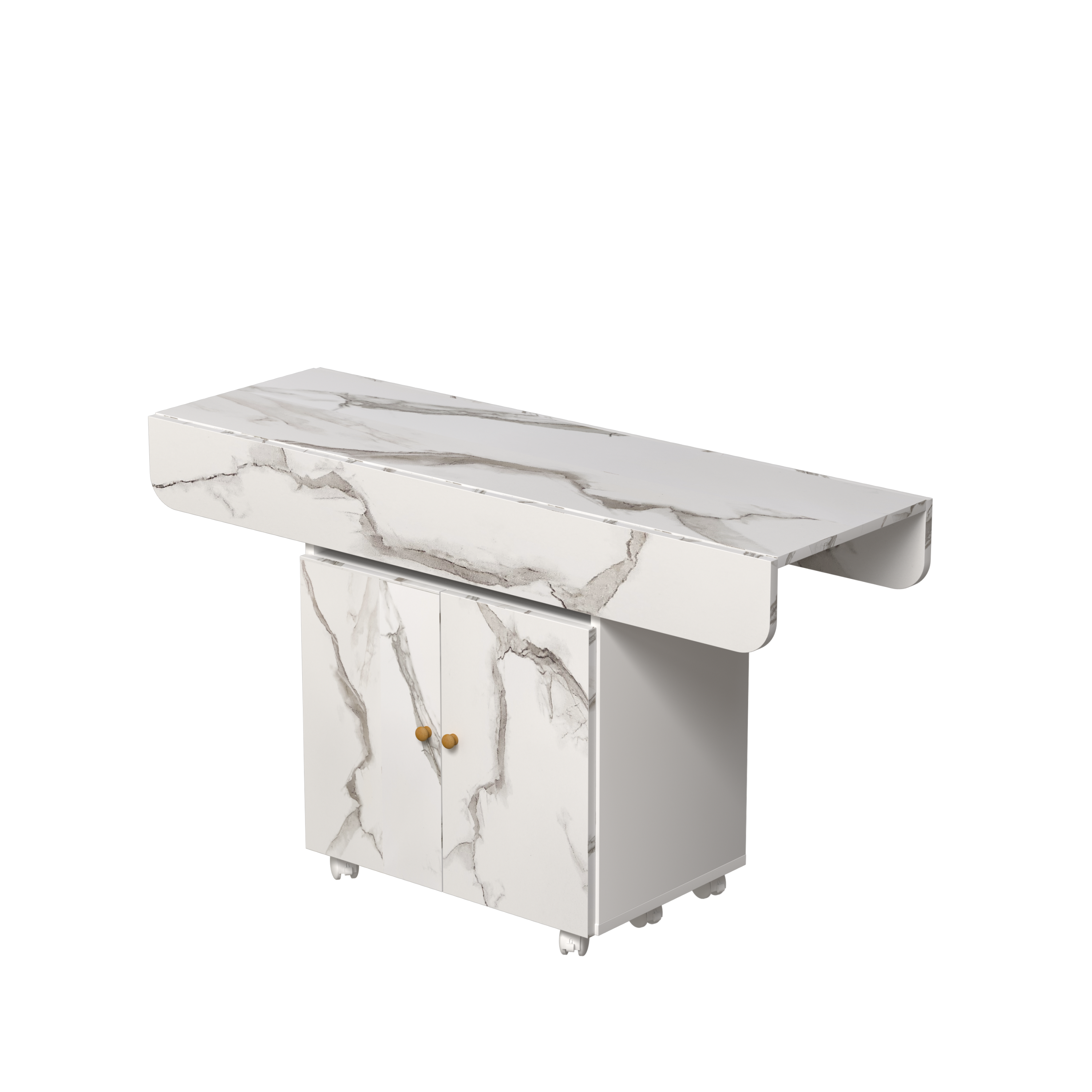 47" Wood Folding Dining Table with Storage Rack and Cabinet, Removable Entryway Table on 6 Wheels, White Marble Kitchen Island, Side and Coffee Table, Space-Saving Versatile Design