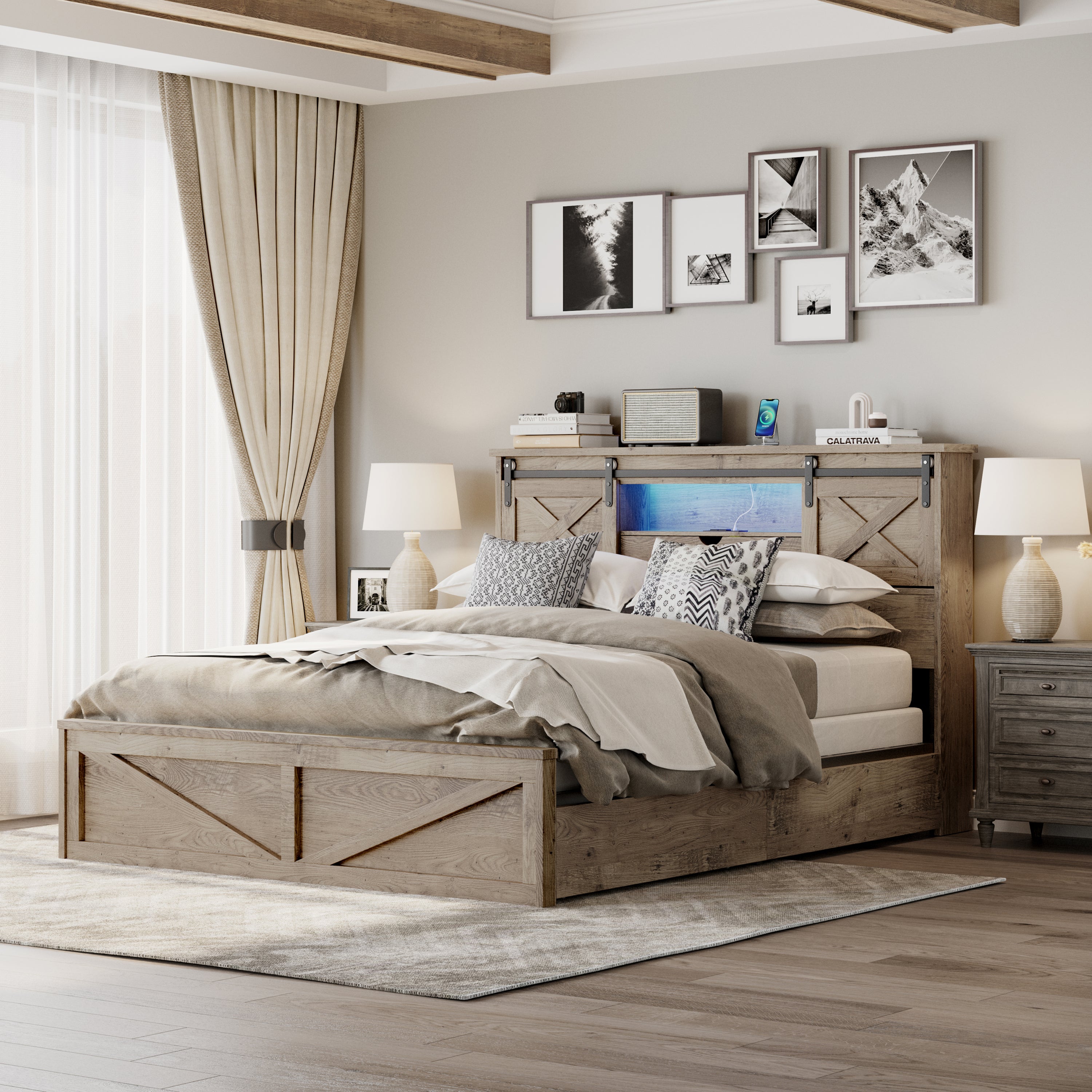 Farmhouse Queen Bed Frame with LED Lights & Charging Station | Wooden Bed with 2 Storage Drawers & Rustic Headboard with Sliding Barn Door Storage Cabinets