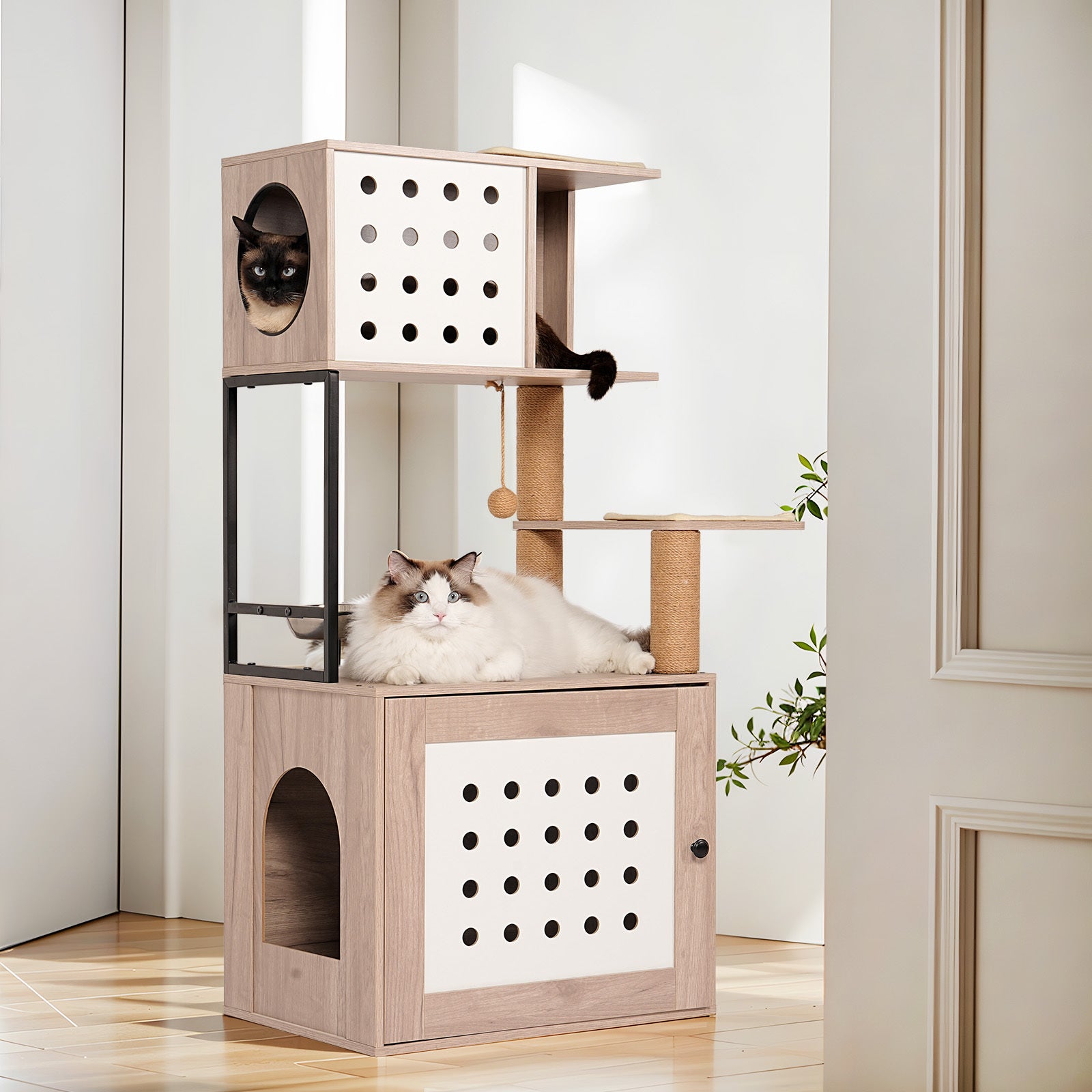 Cat Tree with Litter Box Enclosure, All-in-one Cat Tower for Indoor Cats with Large Hammock, Bed, Food Station, Scratching Posts, Modern Style Pet Furniture, Gray+white