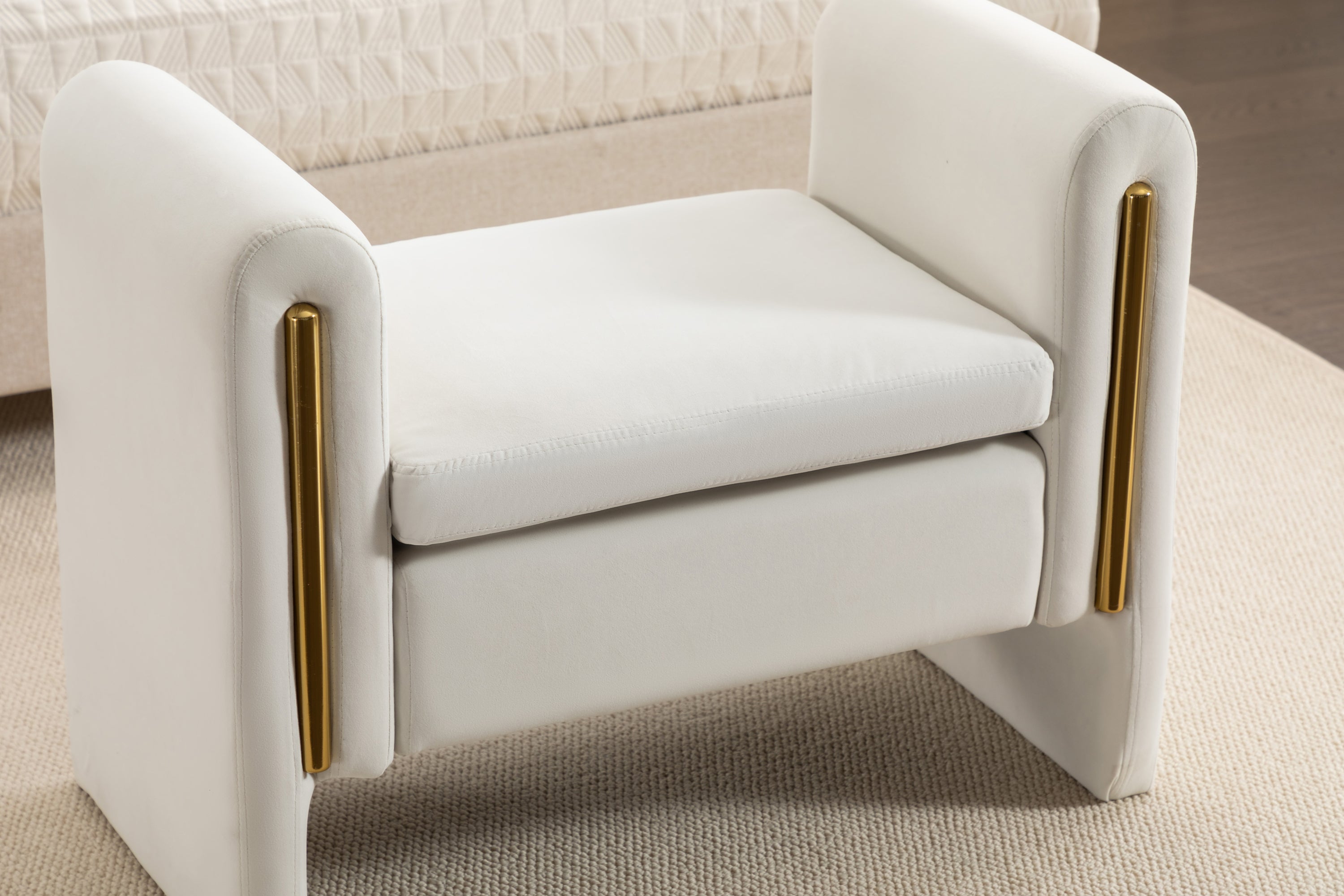 031-Velvet Fabric Single Bench Shoe Bench Makeup Bench For Bedroom Indoor,Ivory