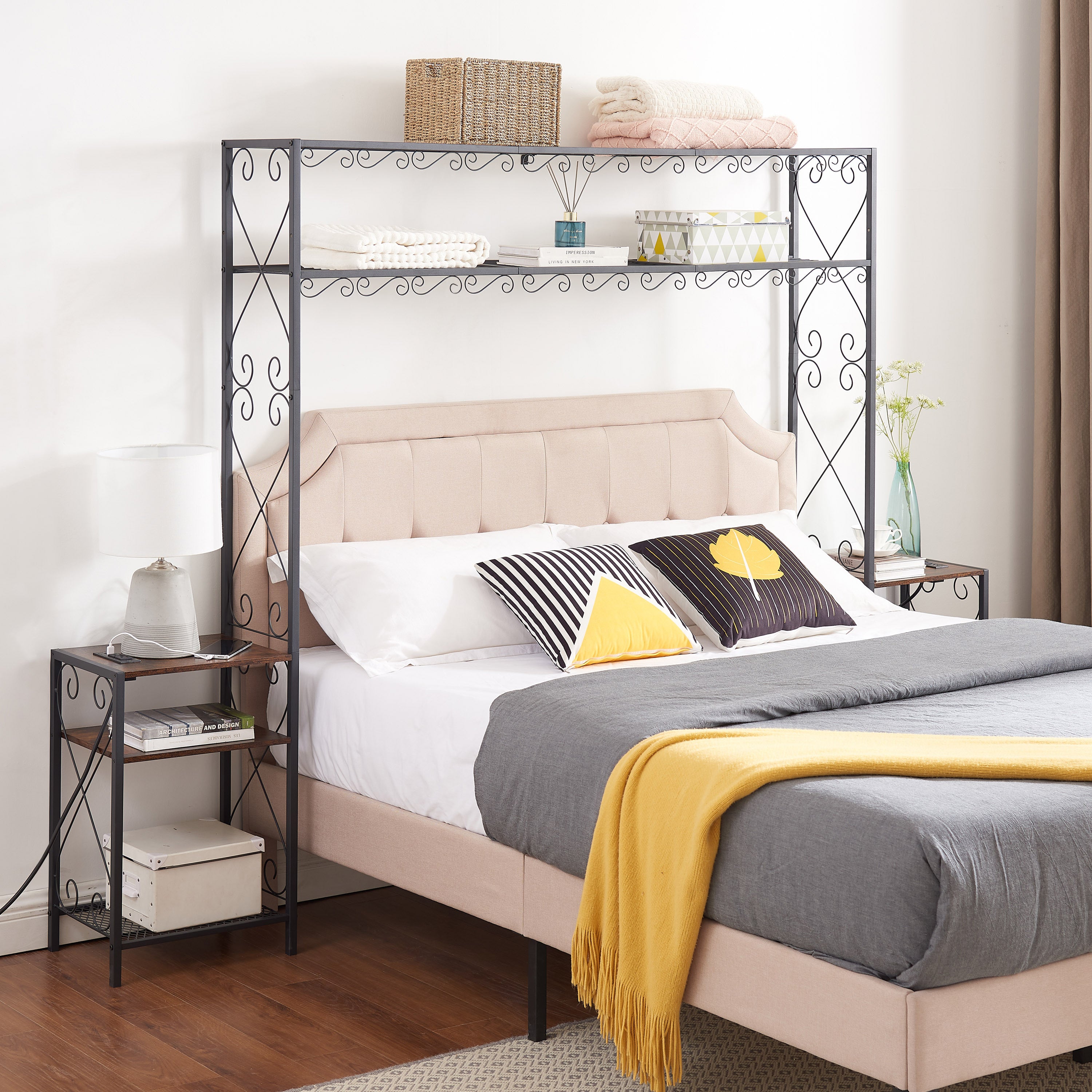 17528523Queen Bed Frame with 2 Nightstands Headboards with Storage Cabinet, Headboard with Shelves, Bookcase Headboard Queen Easy Assembly for Bedroom Iron and Wood Rustic Brown