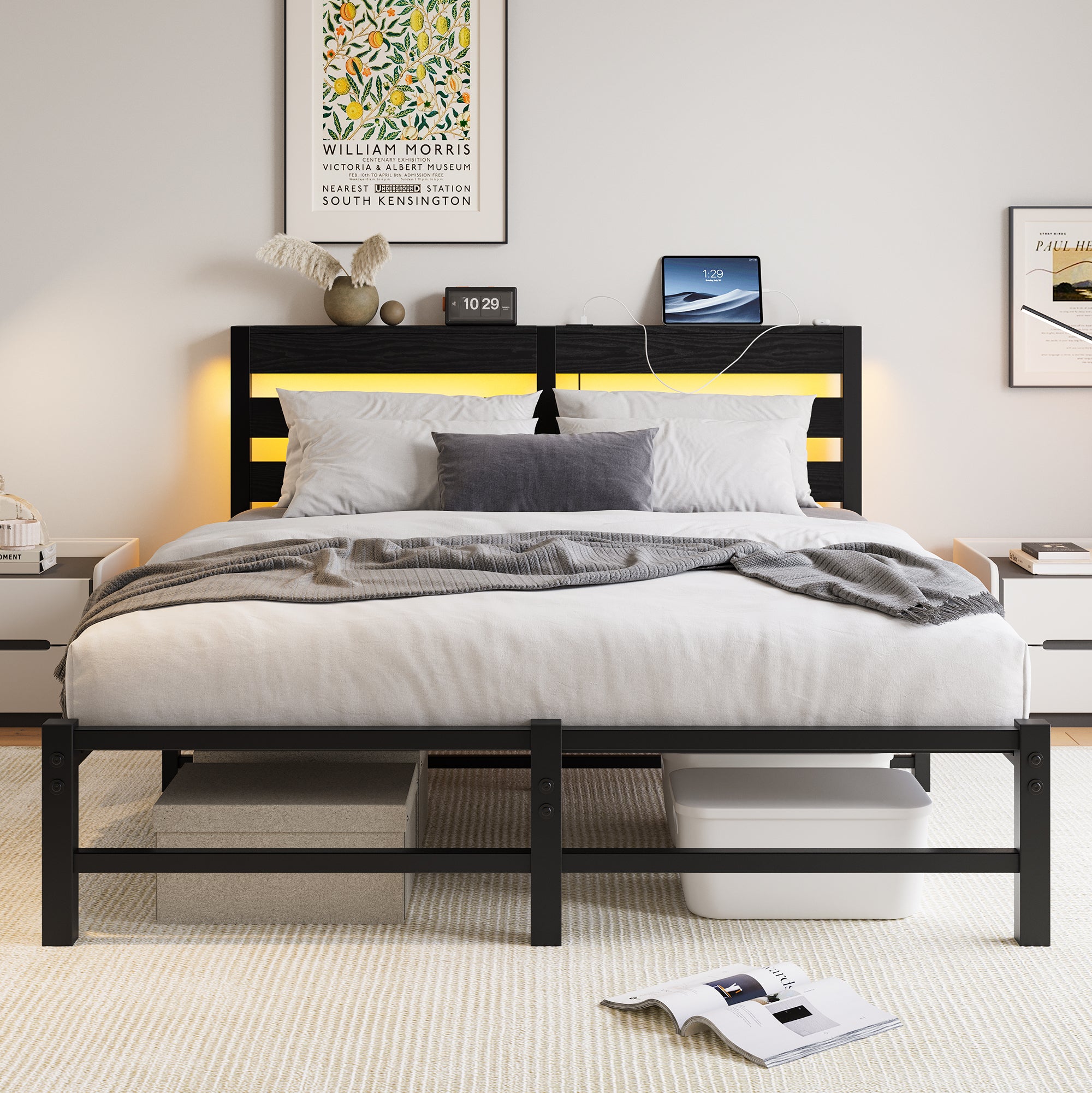Black Queen Bed Frame with RGB Headboard Lights, USB Charger & Storage Shelf