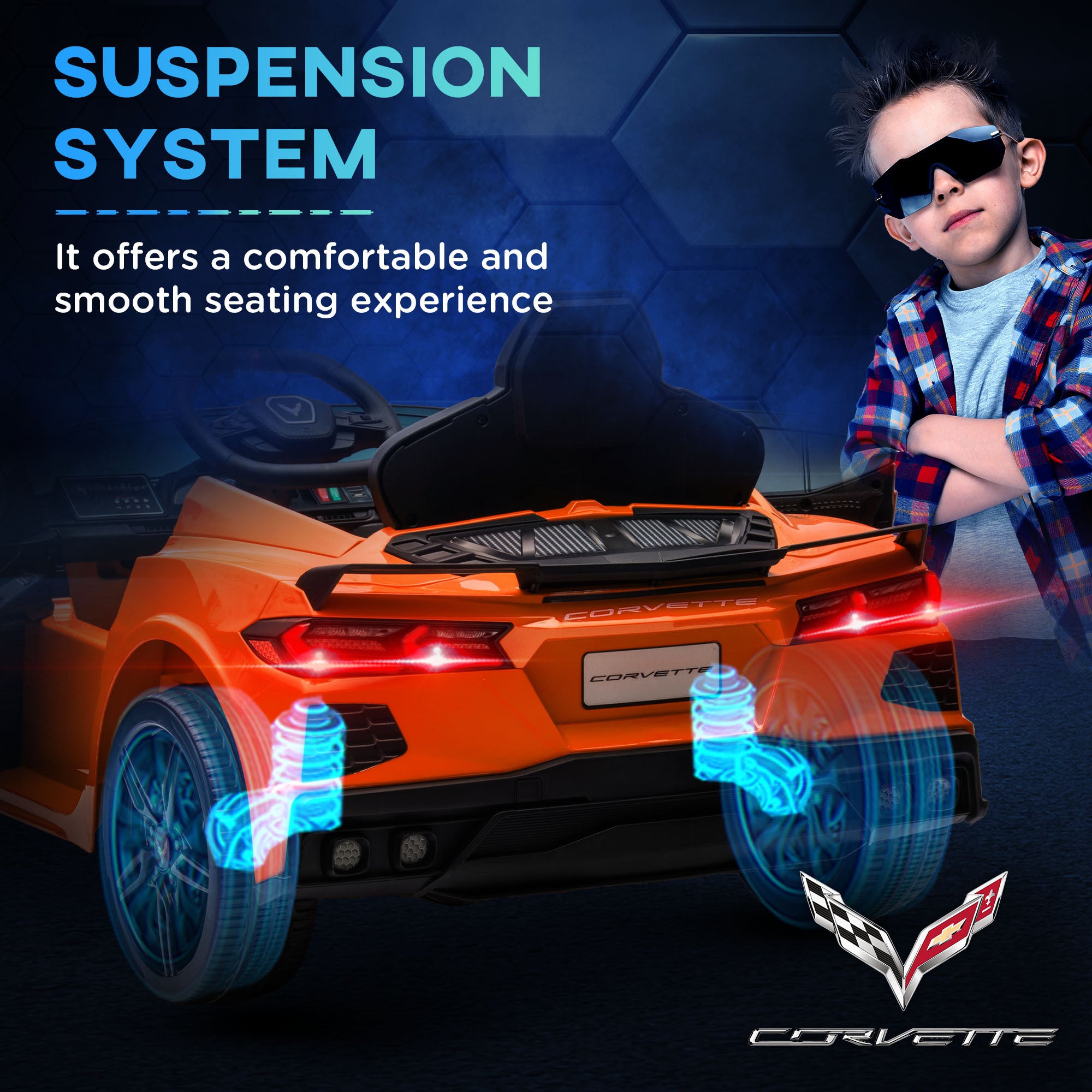 Qaba 12V Electric Car for Kids – Licensed Chevrolet Corvette, Parental Remote Control, Suspension, Music, Horn, Headlight, Slow Start, for Kids Aged 3-6, Orange