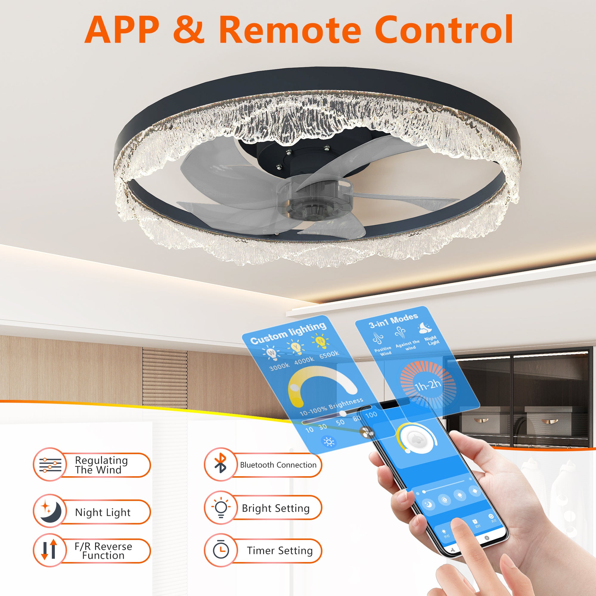 20" Modern Black Ceiling Fan with Light | Decorative Flush Mount Fan with Hidden Blades & Remote