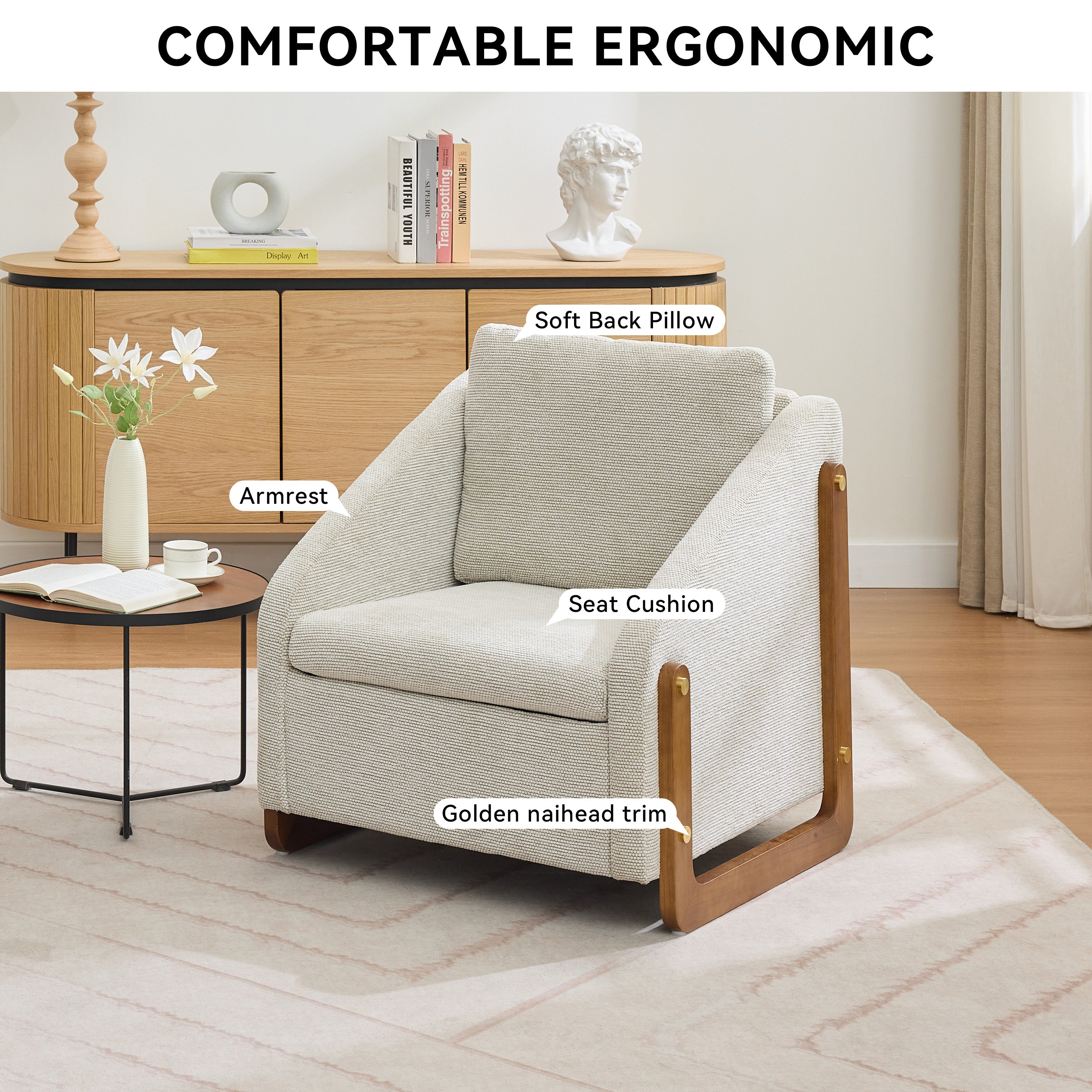 057-Set of 1 Chenille Fabric Modern Upholstered Armchair with Wooden Side Frame , Accent Leisure Chair with Cushioned Seat and Backrest for Living Room, Bedroom,Beige