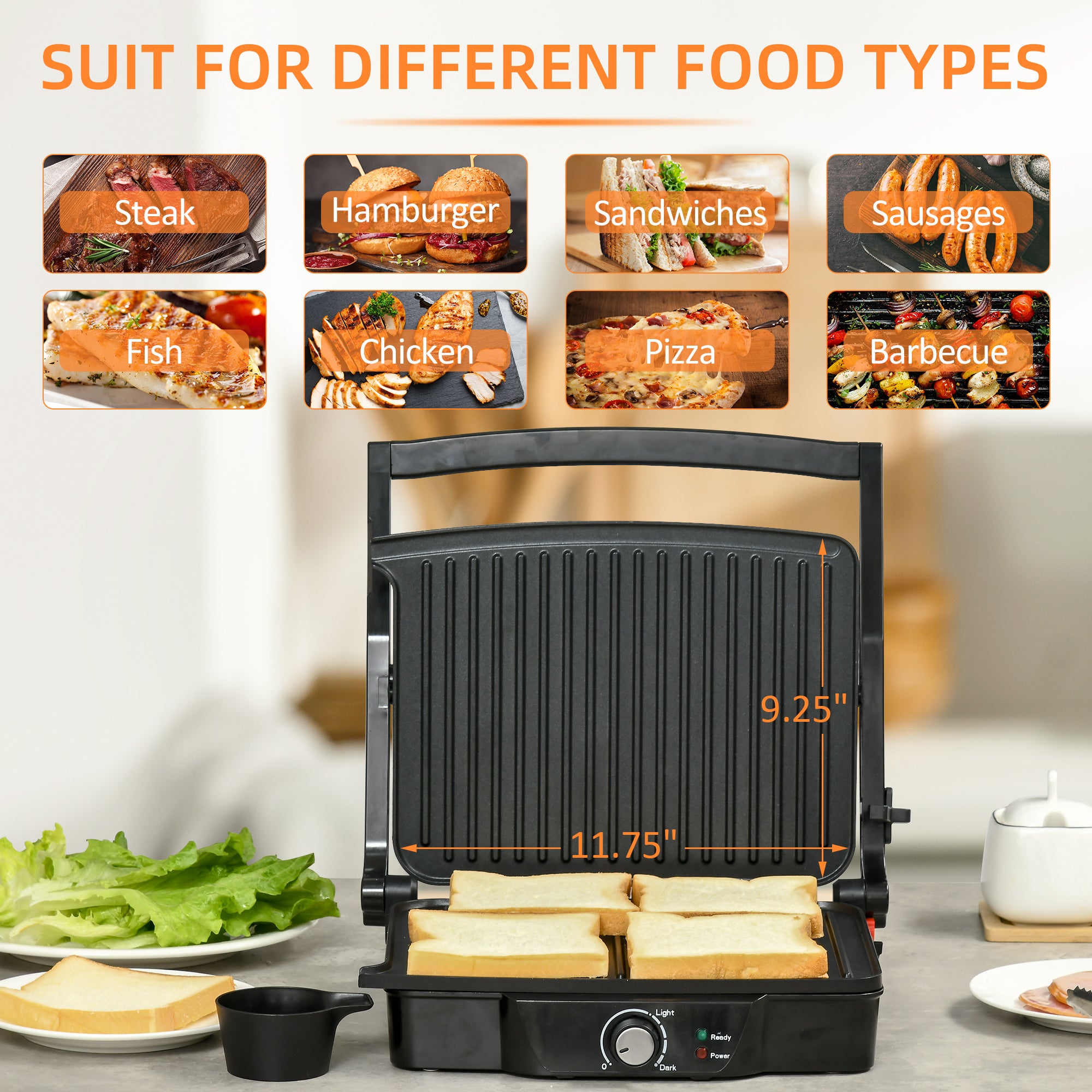 4-Slice Panini Press Grill - 180° Open, Non-Stick Plates