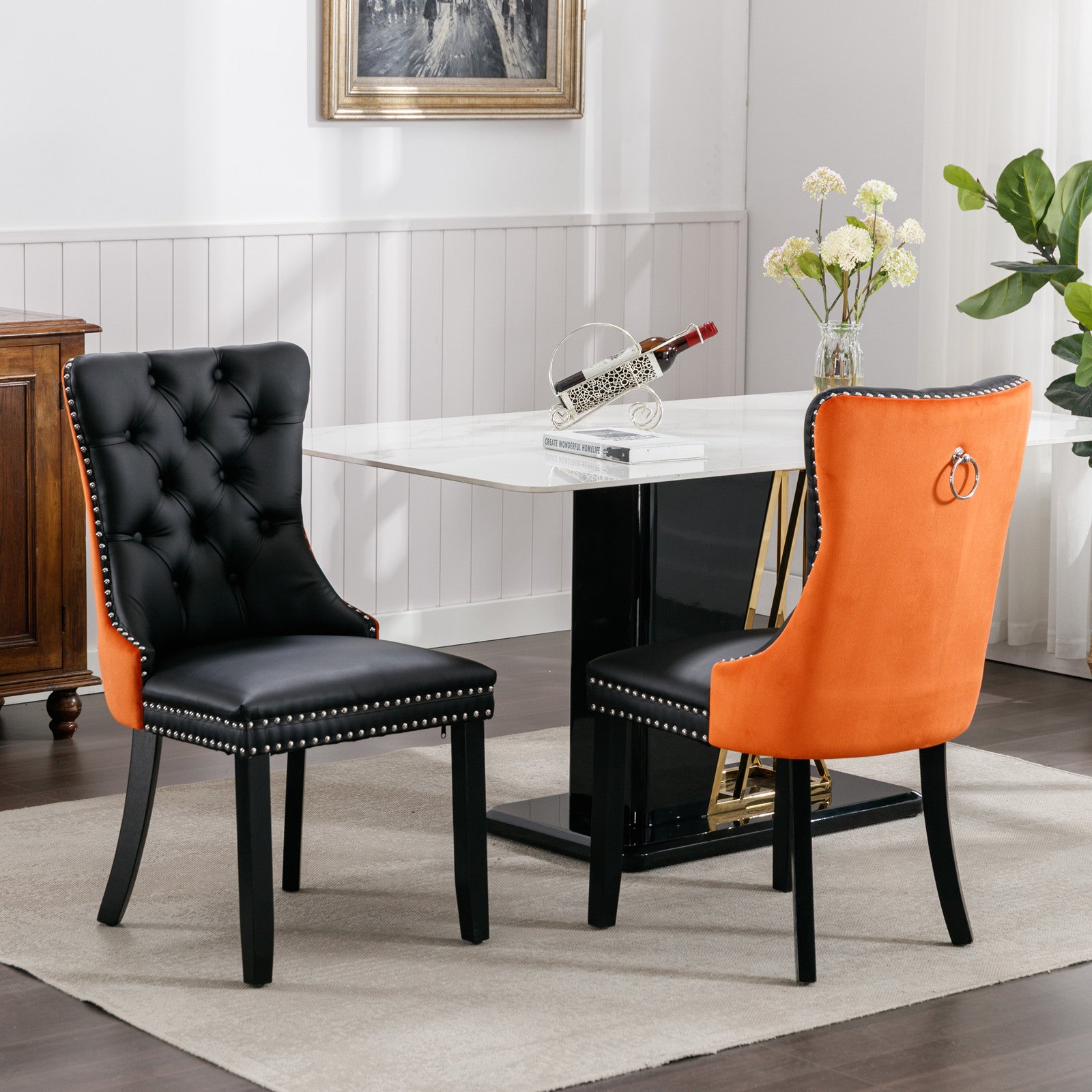 A and A Furniture Nikki Collection 2Pcs Set Modern Tufted Dining Chairs, Solid Wood Legs, PU and Velvet Upholstered with Nailhead Trim, Black and Orange, SW2101BO