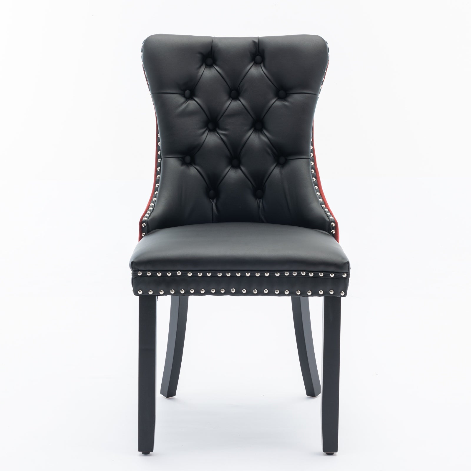 A&A Furniture Nikki Collection 2-Pcs Set Modern Tufted Dining Chairs, Solid Wood Legs, PU & Velvet Upholstered with Nailhead Trim, Black & Wine Red, Burgundy, SW2101BW