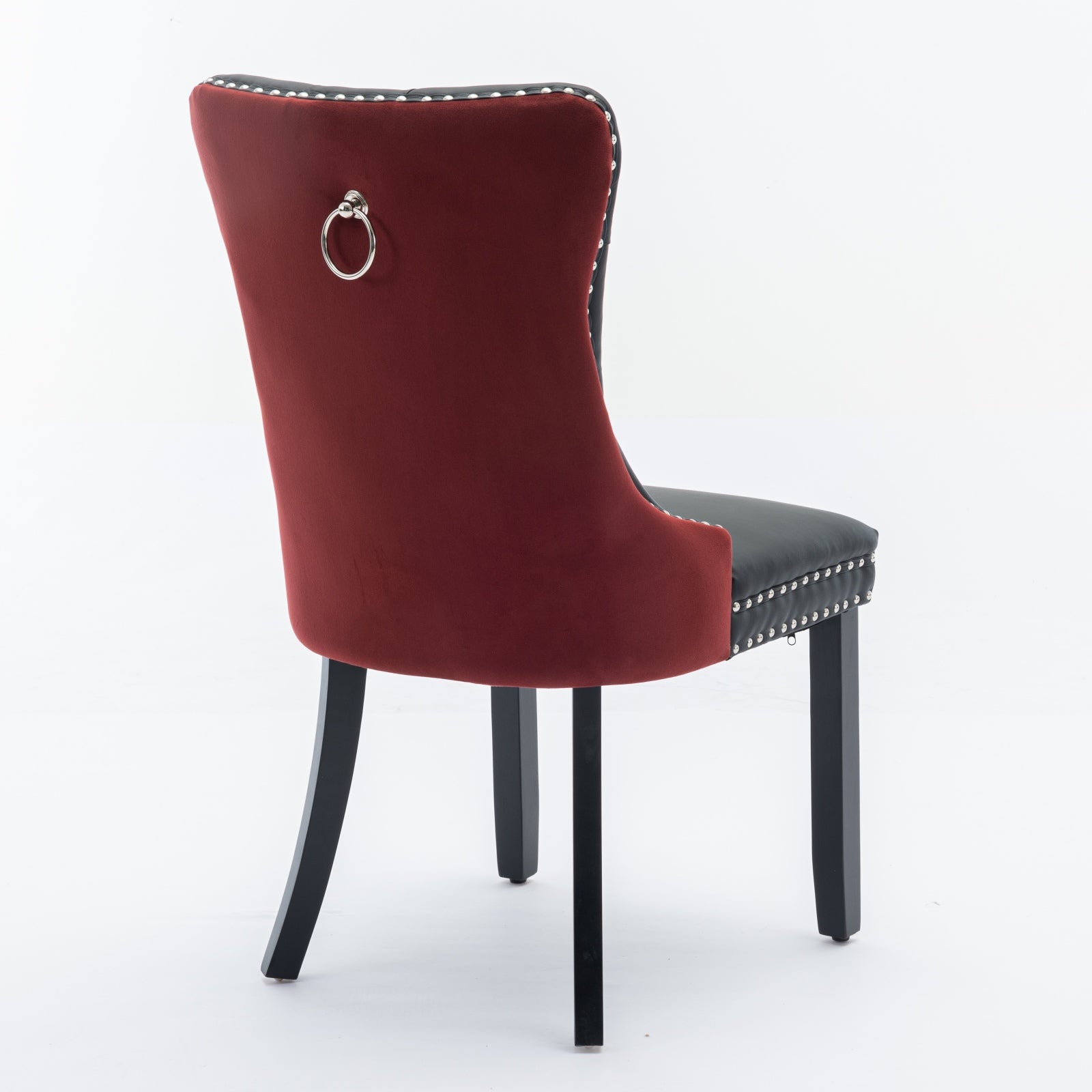 A&A Furniture Nikki Collection 2-Pcs Set Modern Tufted Dining Chairs, Solid Wood Legs, PU & Velvet Upholstered with Nailhead Trim, Black & Wine Red, Burgundy, SW2101BW