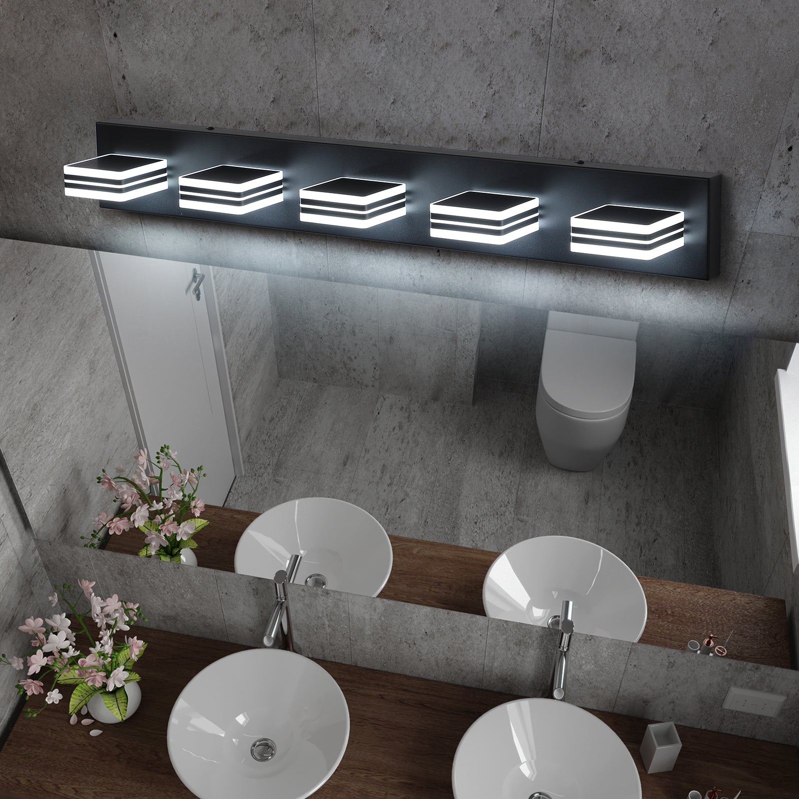 32' Modern Black 5-Light LED Vanity Light, Square Acrylic Lampshades Wall Mount Fixture for Bathroom, Mirror Lighting