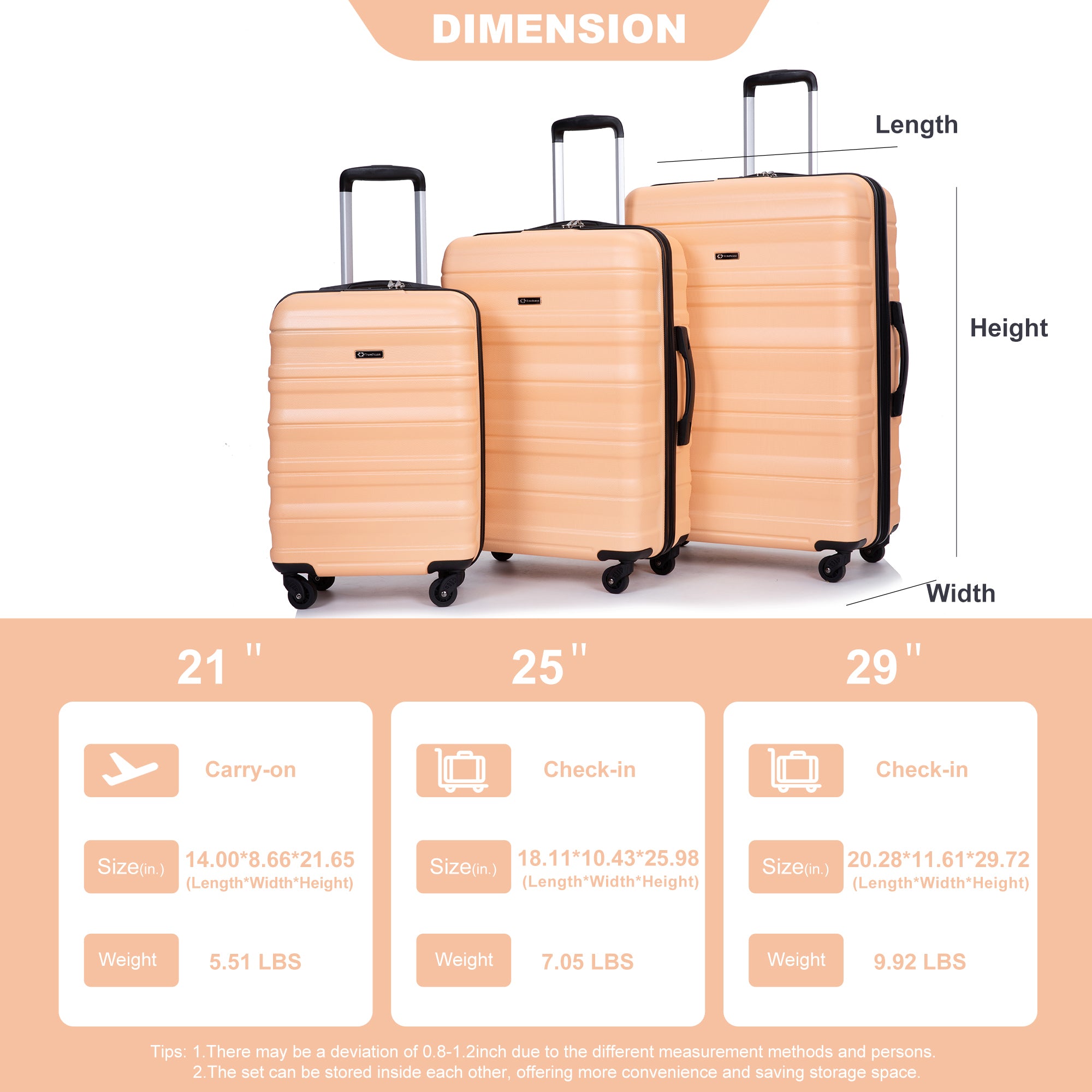 Expandable 3 Piece Luggage Sets PC Lightweight & Durable Suitcase with Two Hooks, Spinner Wheels, TSA Lock, Peach