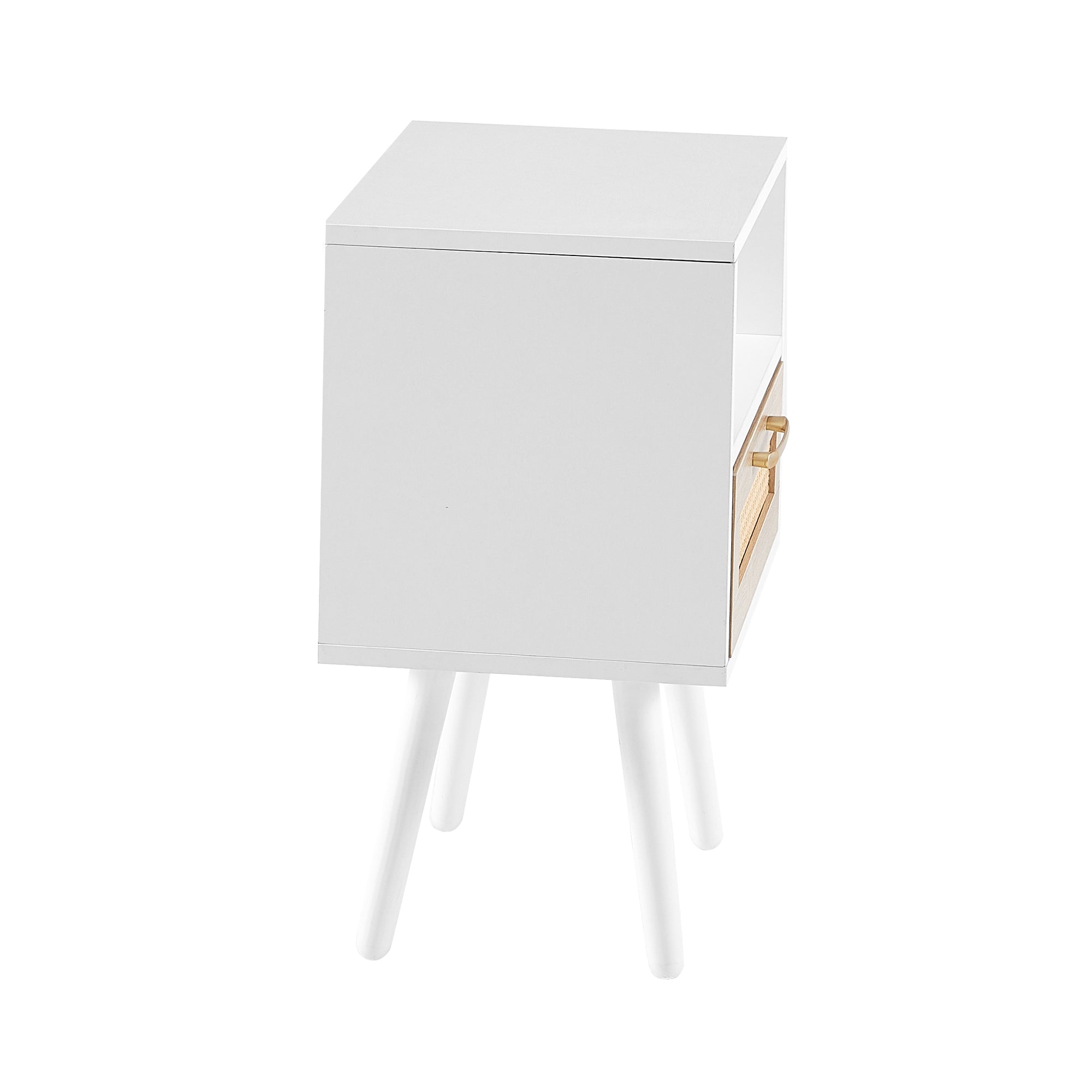15.75" Rattan End table with  drawer and solid wood legs, Modern nightstand, side table for living room, bedroom, white