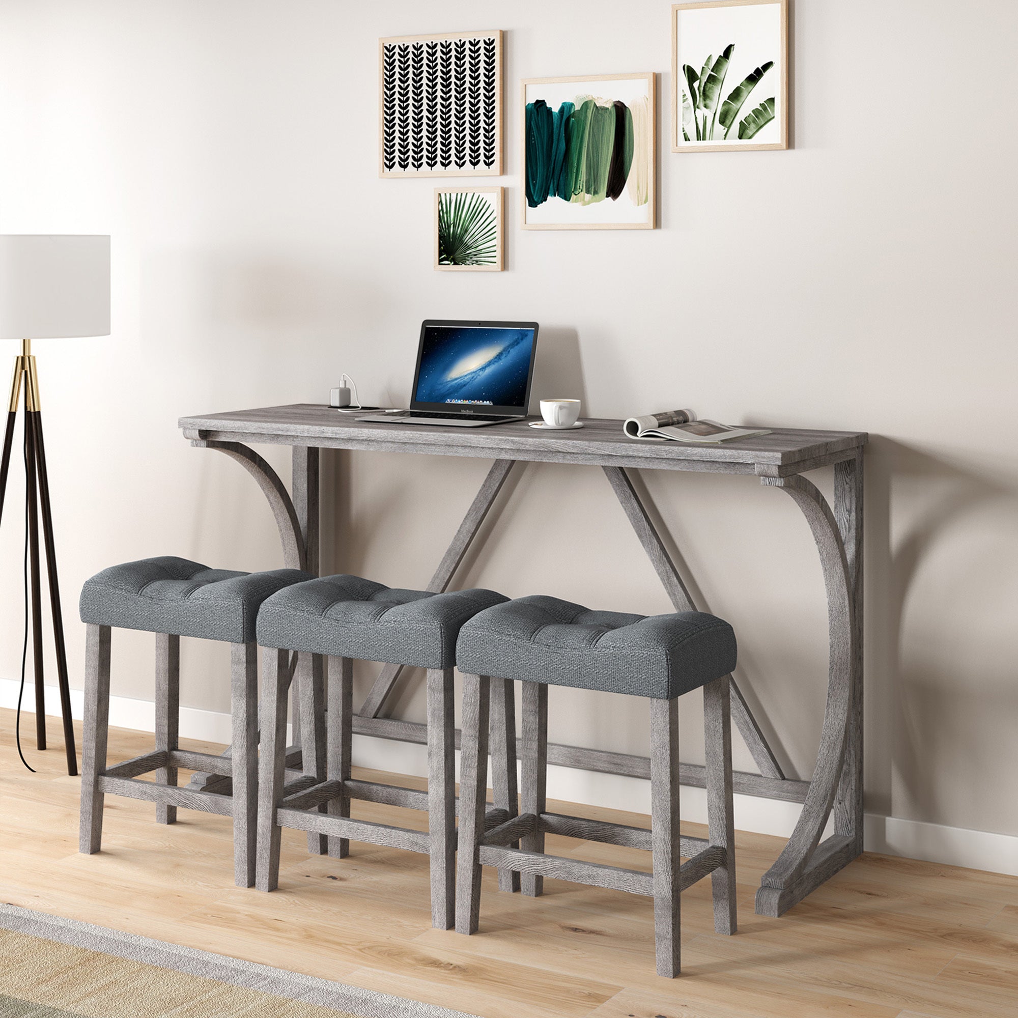 4-Piece Bar Table Set with Power Outlet | Industrial Dining Table &amp; Chairs Set