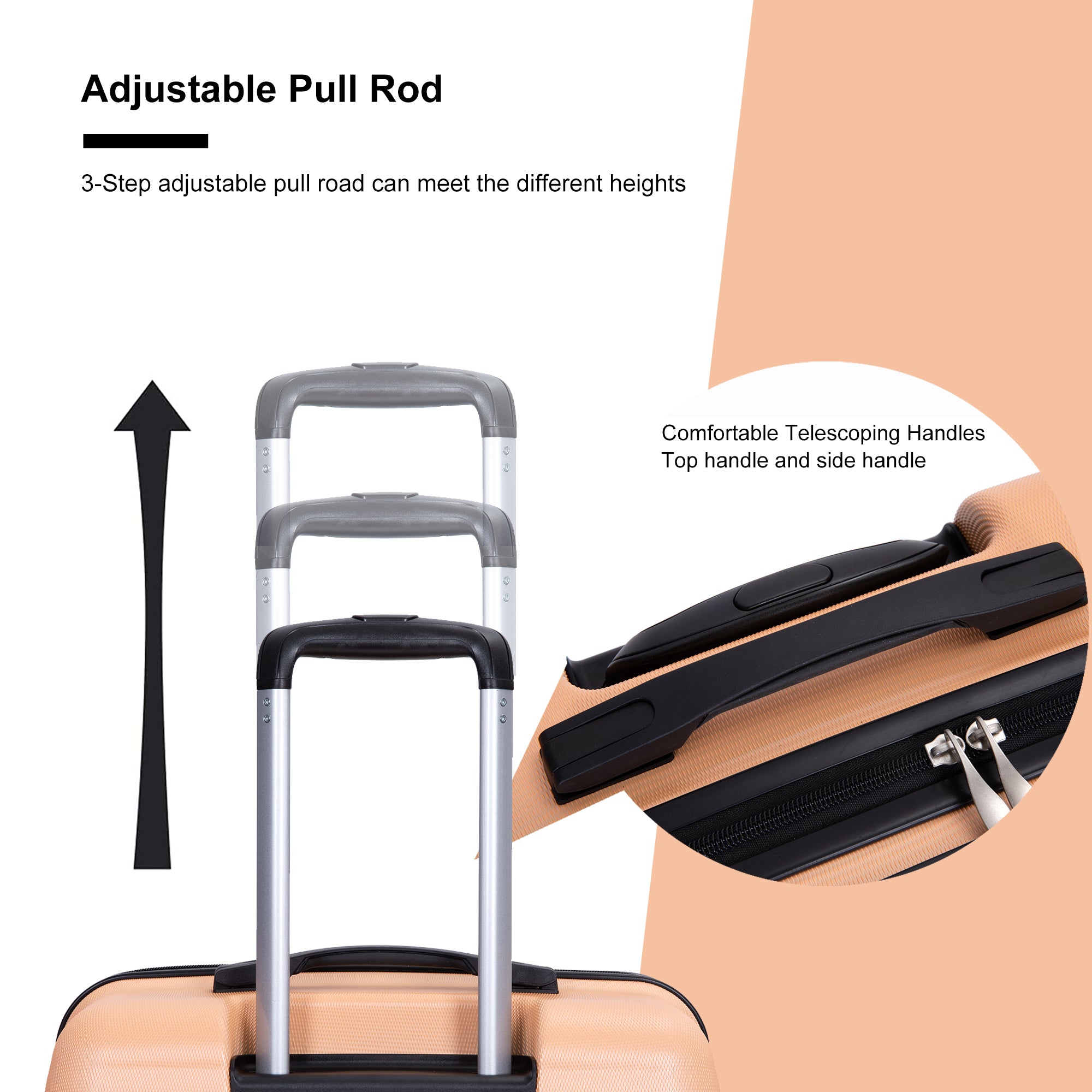 Expandable 3 Piece Luggage Sets PC Lightweight & Durable Suitcase with Two Hooks, Spinner Wheels, TSA Lock, Peach