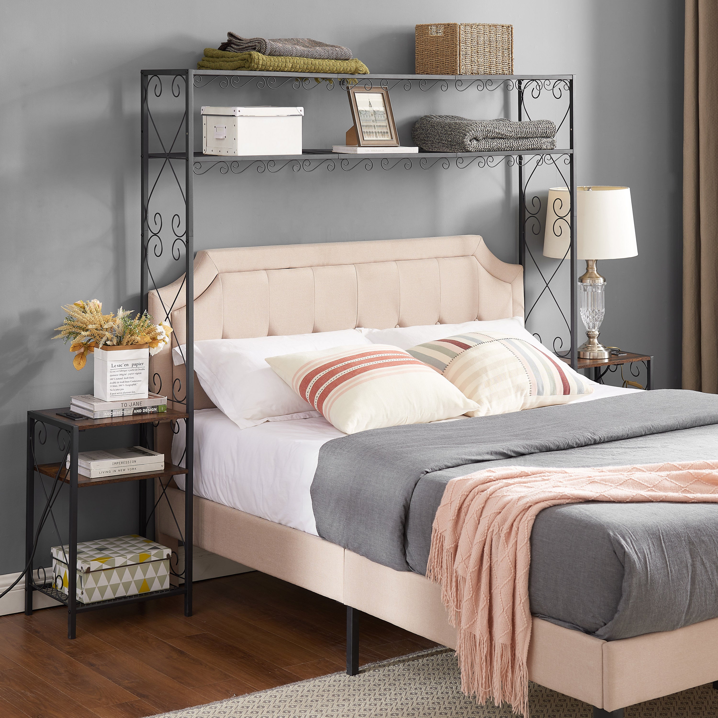 Queen Bed Frame with 2 Nightstands & Headboard with Storage Cabinet, Bookcase Shelves - Rustic Brown, Easy Assembly, Iron & Wood