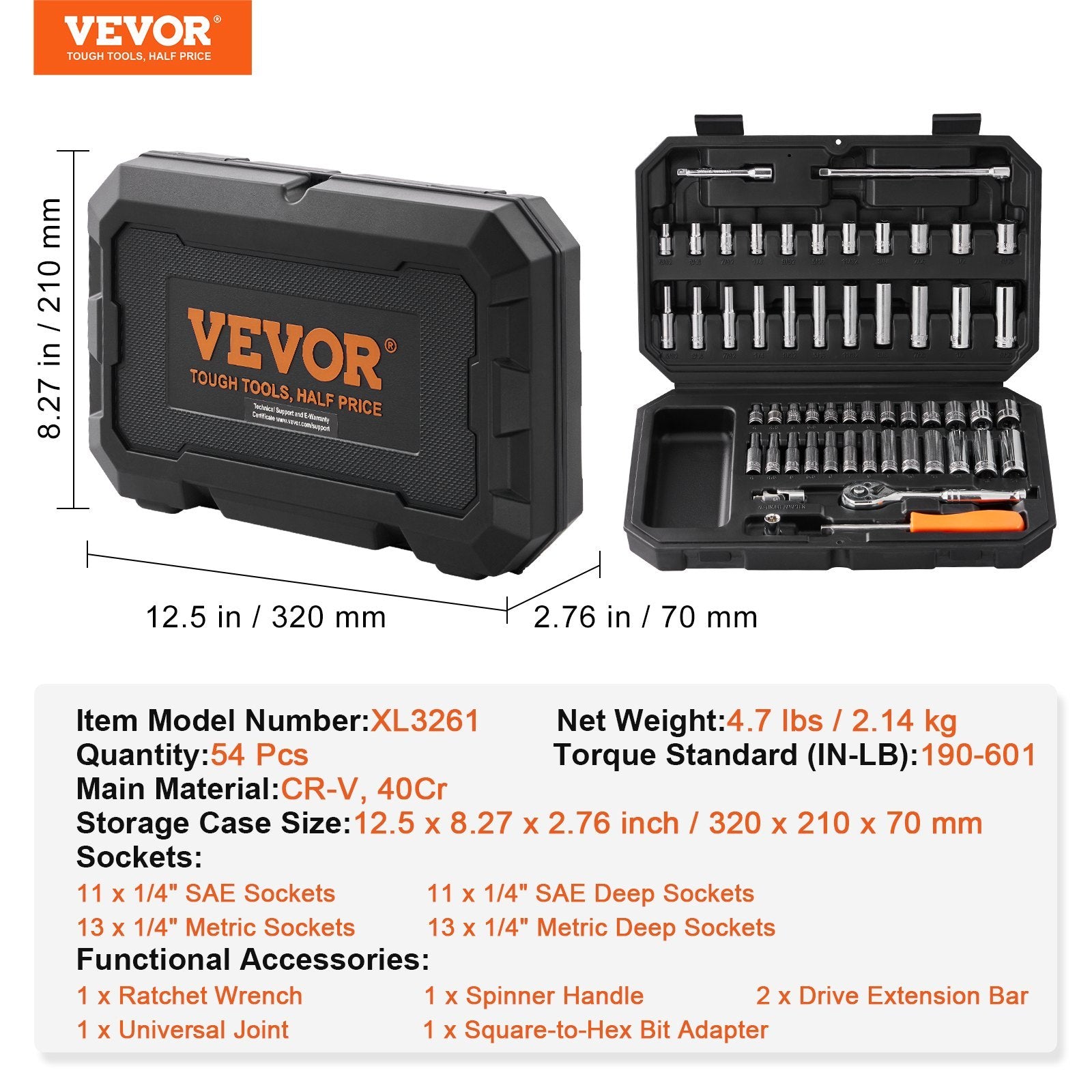  54-Piece 1/4" Drive Socket Set | SAE & Metric Deep & Standard Socket and Ratchet Kit