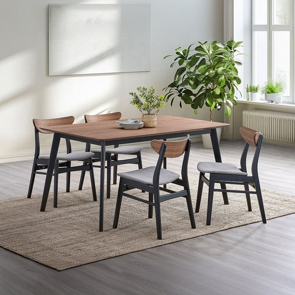 Contemporary Dining Side Chairs Set of 2 Walnut and Black Finish Gray Upholstery Wooden Kitchen Furniture Curved Back