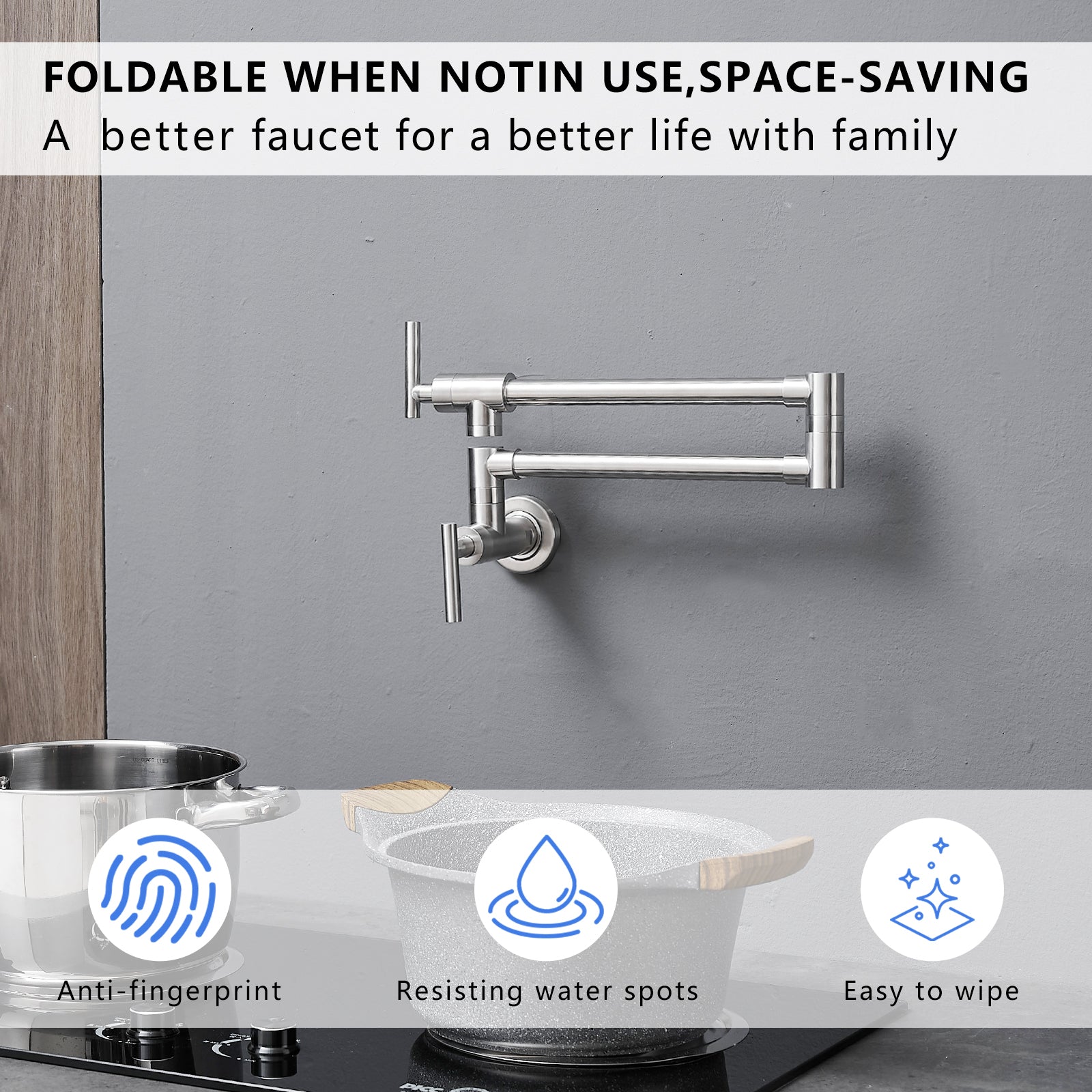 Wall Mount Commercial Pot Filler Faucet | Blackened 304 Stainless Steel Kitchen Folding Faucet