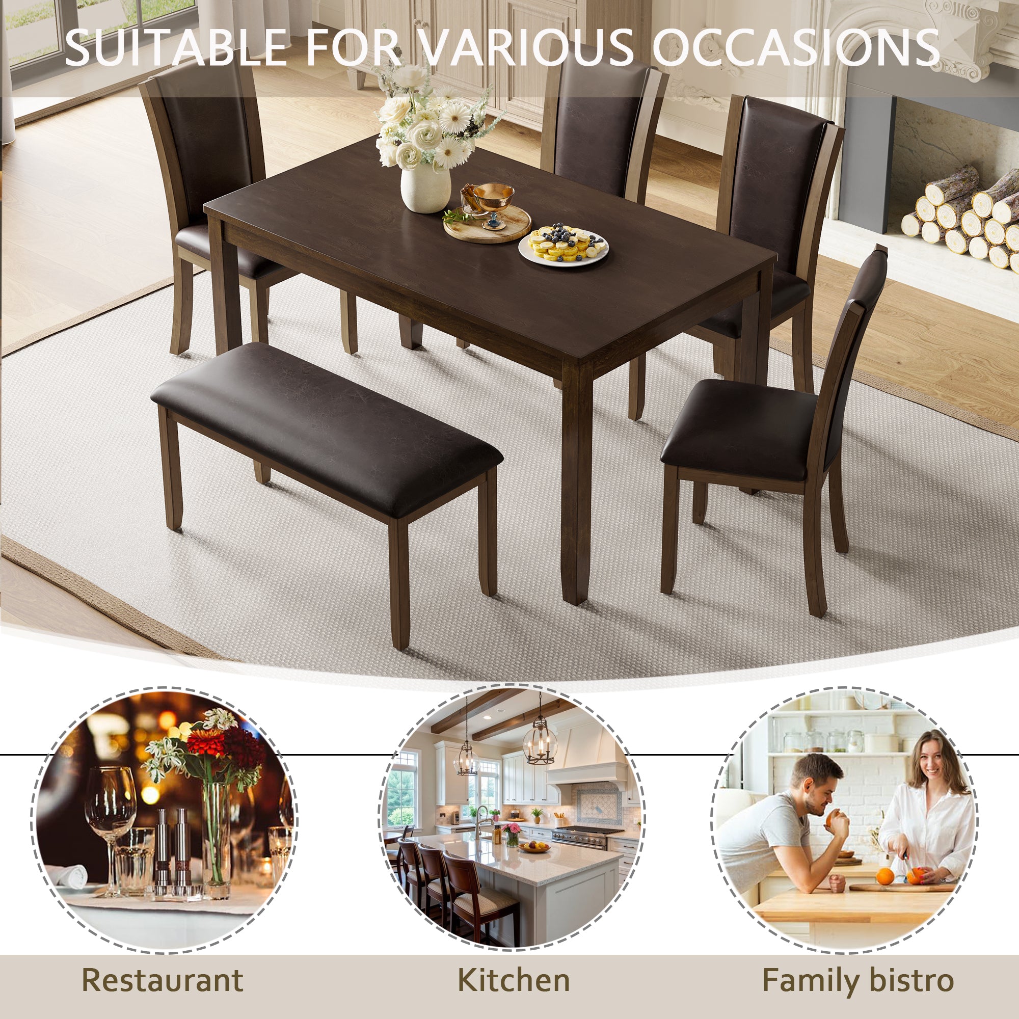 6-Piece Wooden Dining Table Set | Farmhouse Rustic 6 Person Dining Set with Bench & Chairs (Dark Walnut)