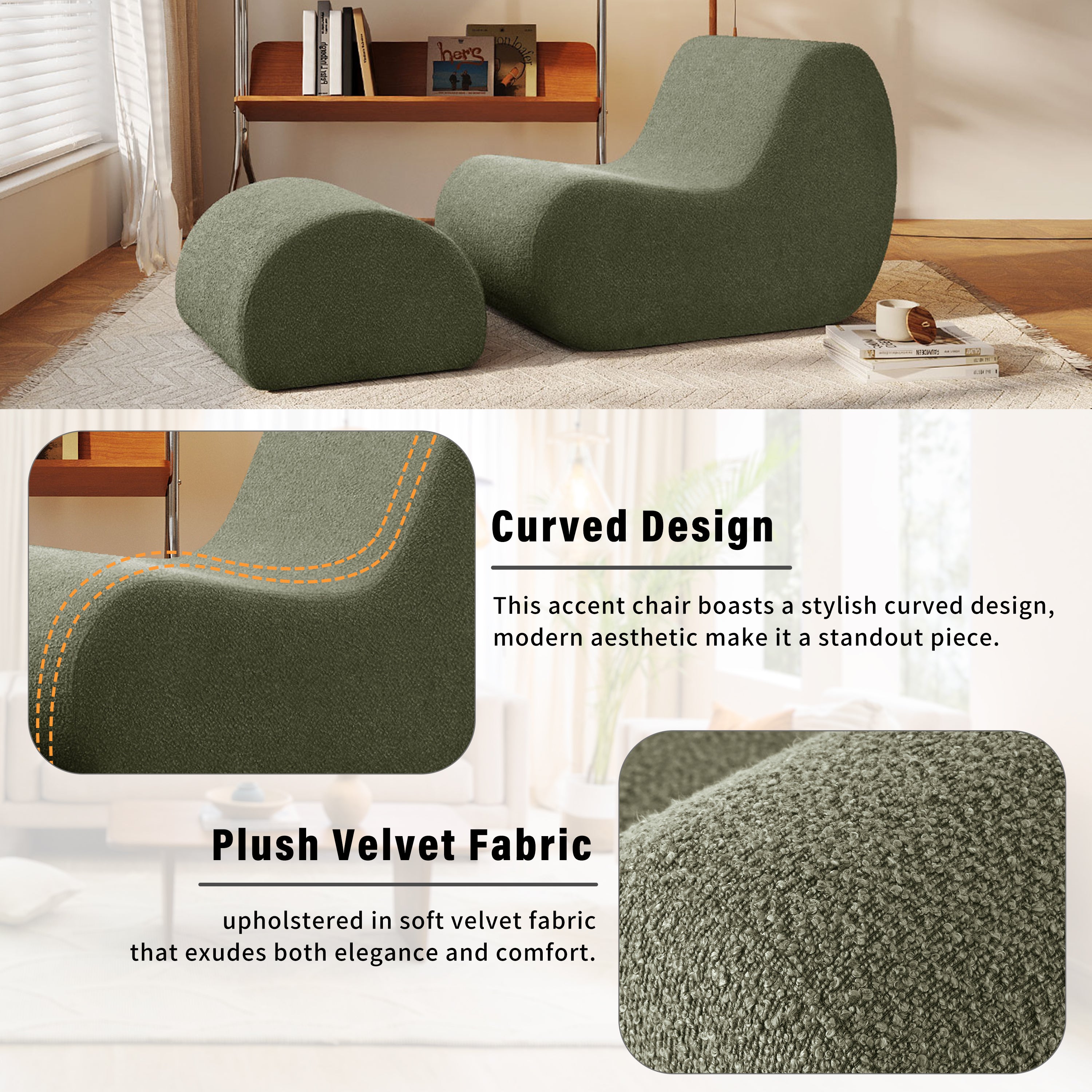 Mirod Elegant Accent Chair with Ottoman,Stylish Curved Design and Minimalist Lines for Ultimate Comfort, High-Resilience Foam for Luxurious Seating