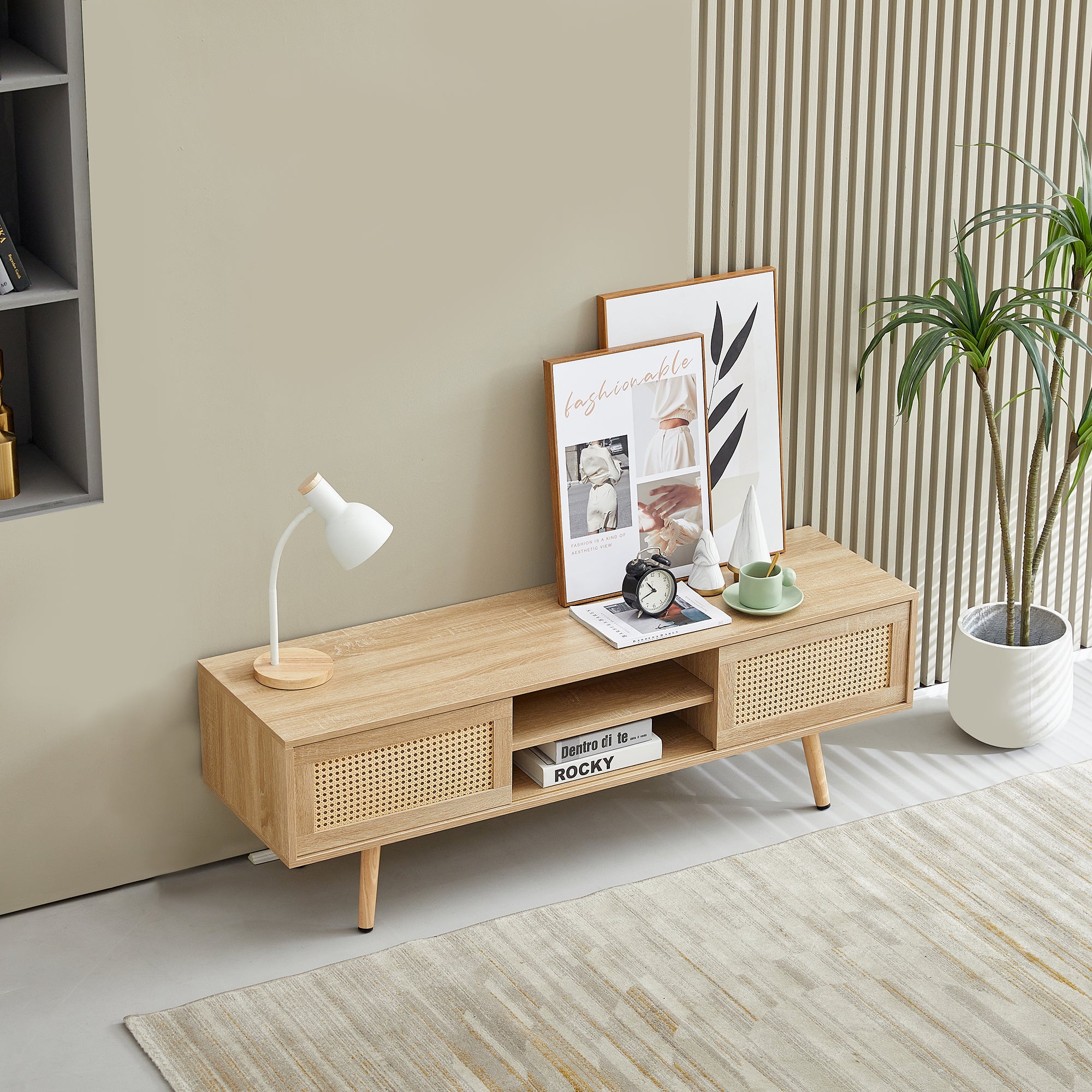 55.12" Rattan TV Cabinet with Double Sliding Doors, Adjustable Shelf & Solid Wood Legs – TV Console for Living Room, Natural