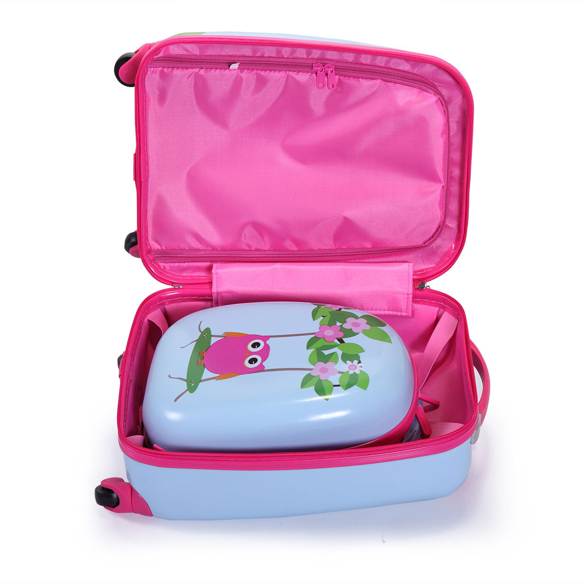 2 PCS Kids Luggage Set, 12' Backpack and 16' Spinner Case with 4 Universal Wheels, Travel Suitcase for Boys Girls, Light Blue with Animal Patterns
