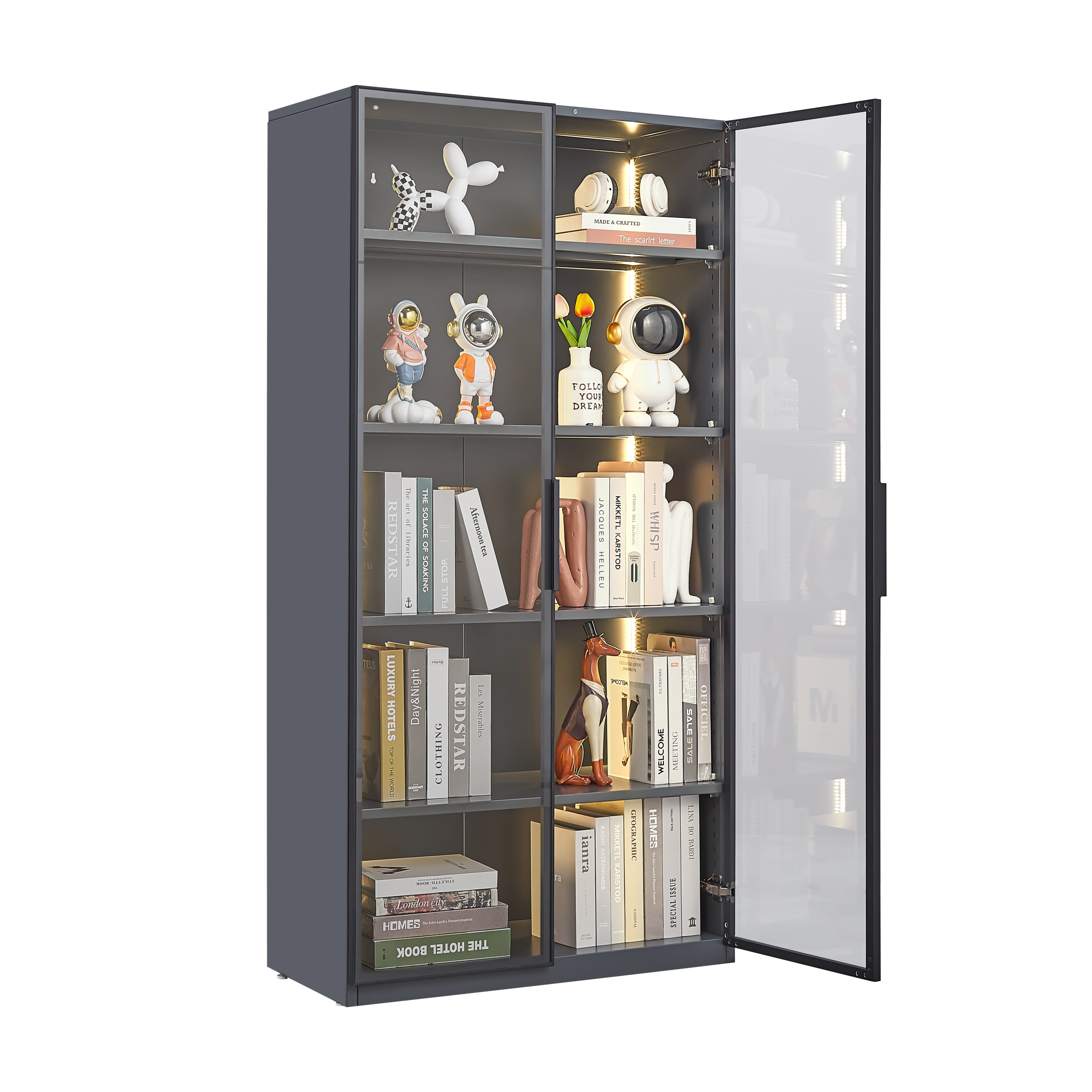 Best selling new design double door metal glass display storage cabinet  with light strip for living room