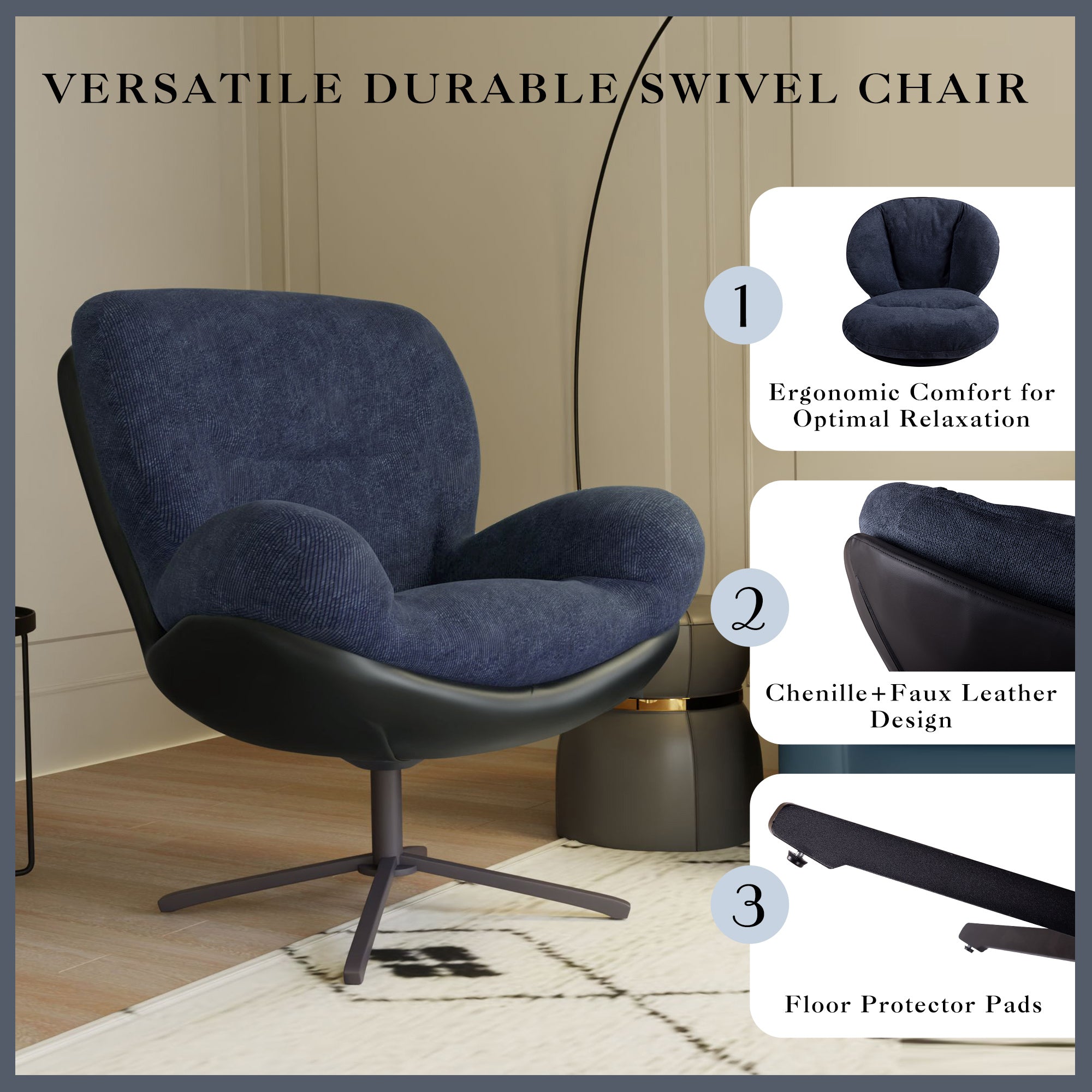 360° Swivel Office Chair, Modern Chenille Chair with Faux Leather and Black Metal Base Frame, No Wheels, Accent Chair for Small Spaces, Living Room, Bedroom, Reading Corner, Office, Dark Blue