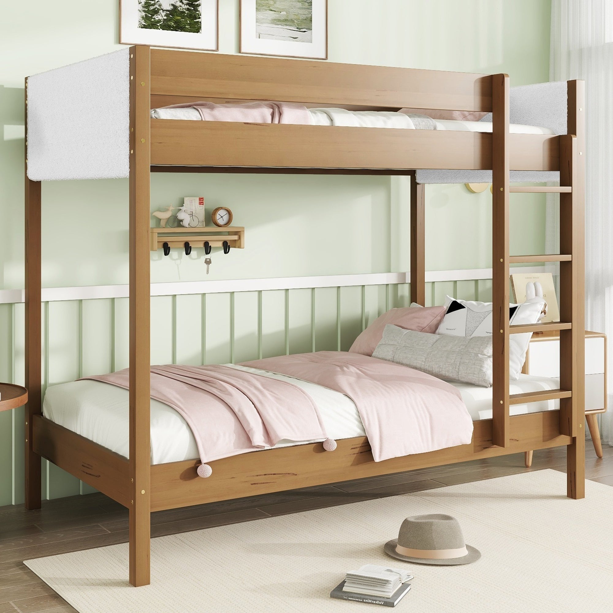 Twin Over Twin Bunk Bed, Upholstered Bunk Bed Frame with Ladder, Safety Guardrails,Rubber Wooden,Teddy Fleece Fabric Headboard/Footboard ,Natural