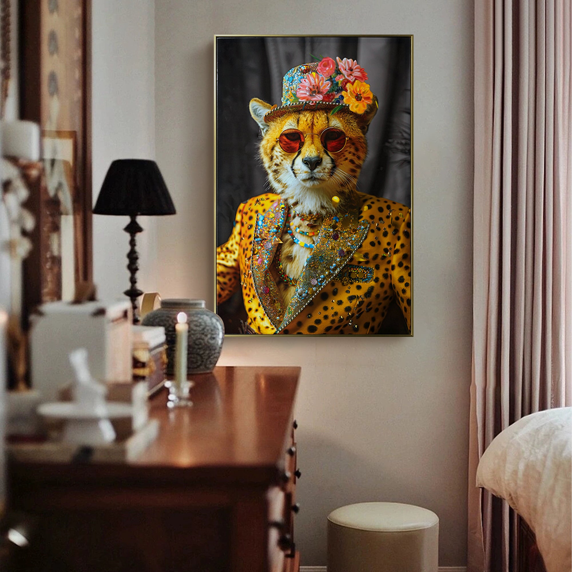  Abstract Art Wall Decor | Stylish Cheetah in a Leopard Print Suit, Sunglasses & Hat - Modern Canvas Painting