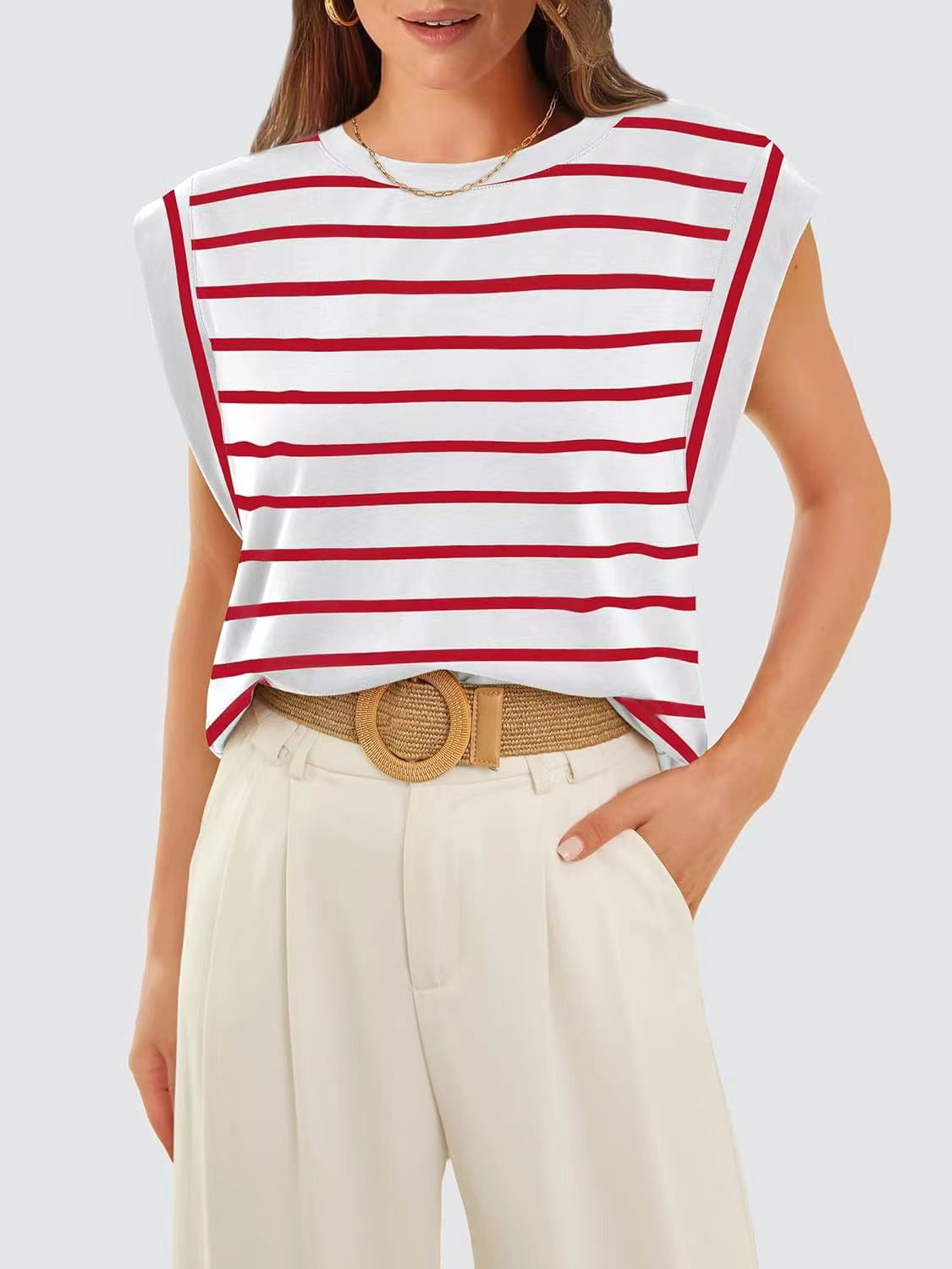 Striped Round Neck Cap Sleeve T-Shirt for Women