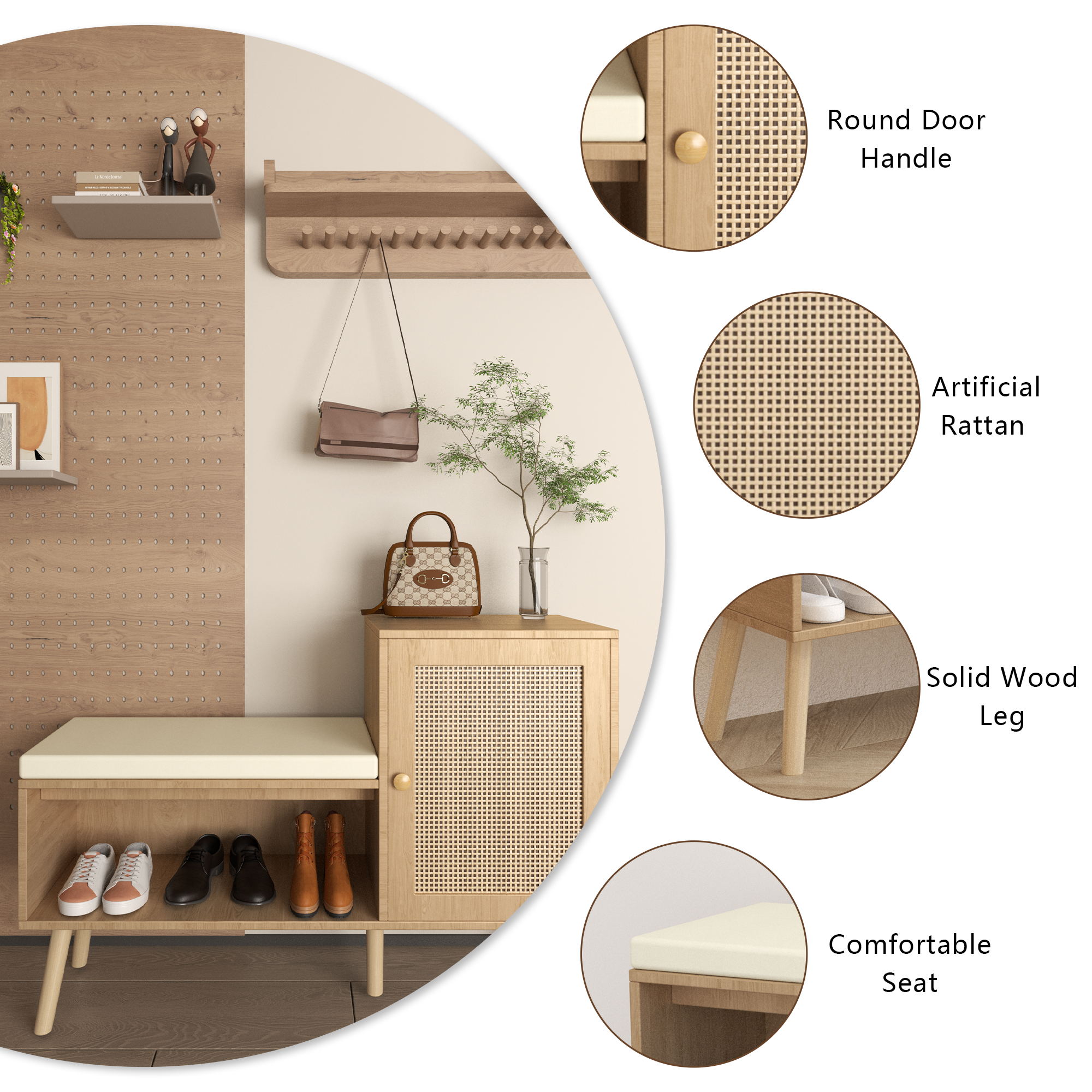 2-in-1 Shoe Storage Bench, Natural Rattan Shoe Cabinet with Adjustable Shelves & Removable Seat Cushion – Modern Entryway Bench, Shoe Storage Organizer for Hallway, Bedroom