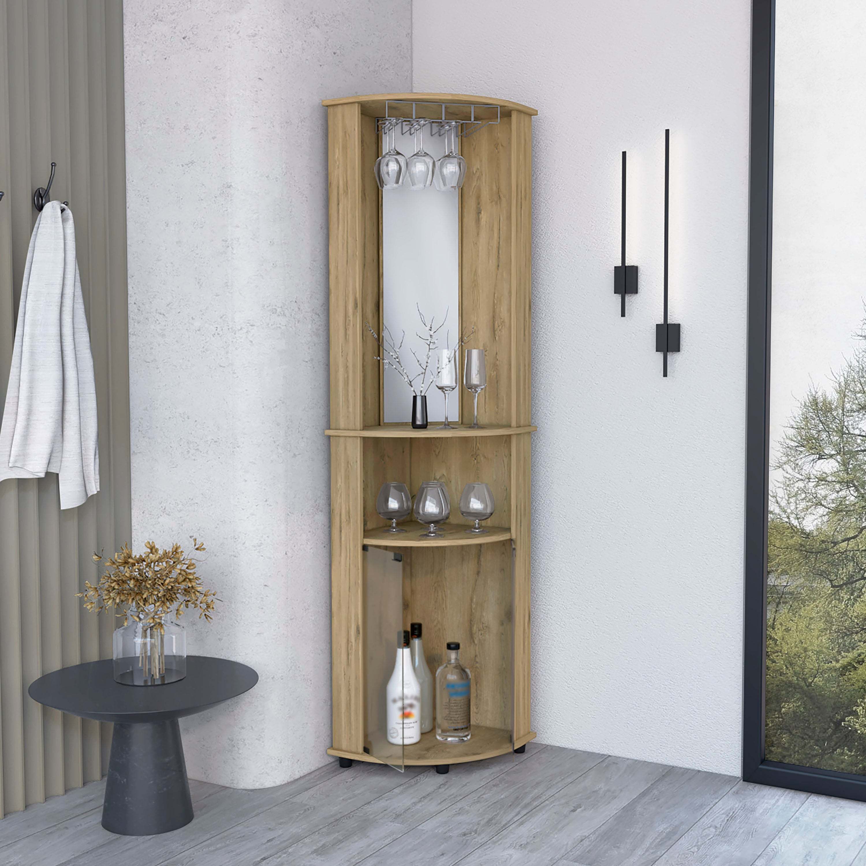 74" Bar-Coffee Corner Cabinet Storage – Rounded Front Design, 2 Central Shelves, Glass Holder, Double Glass Door Storage, Macadamia Finish