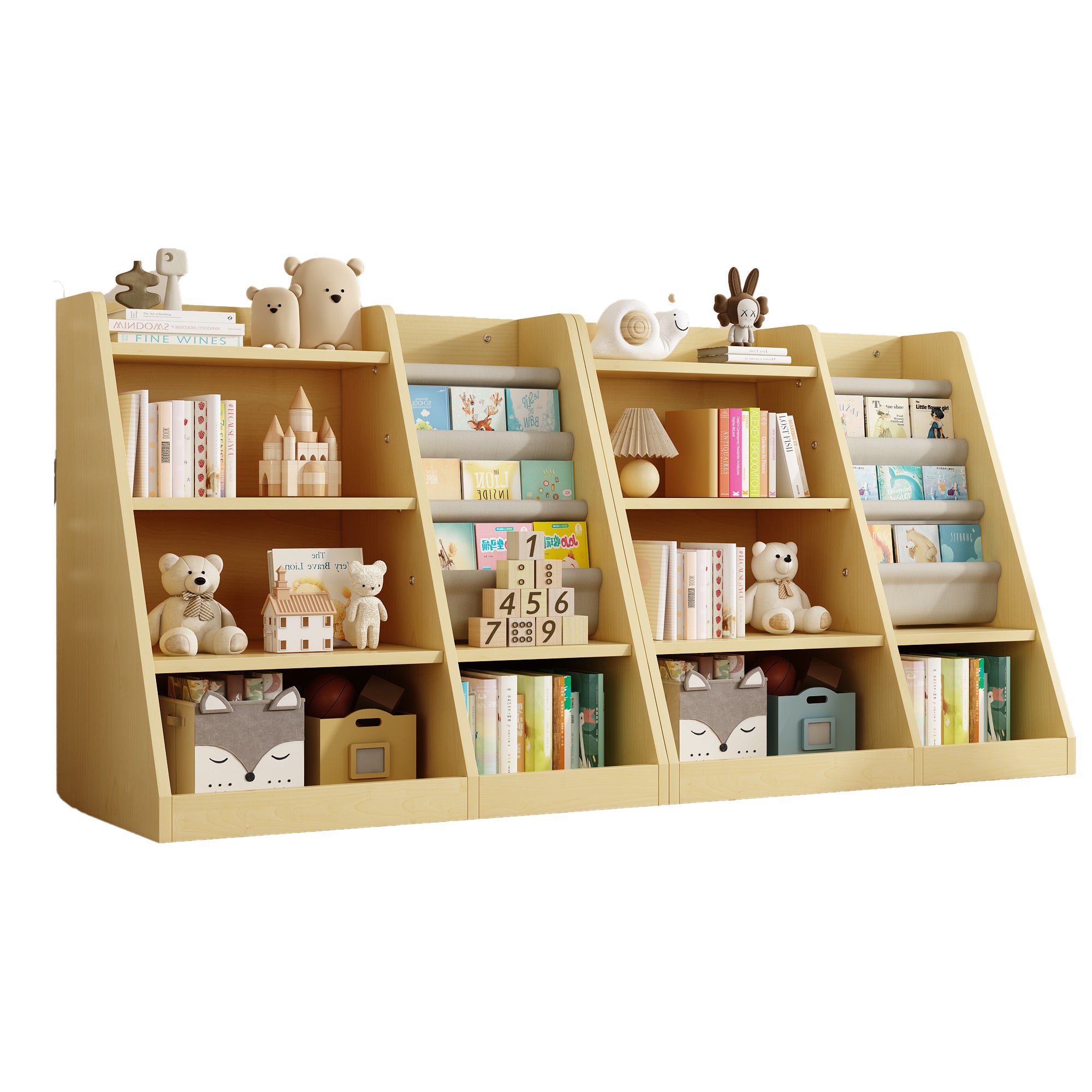 Wooden Toy Storage Organizer Cabinet – Natural Wood Kids Bookshelf, Adjustable Sling Book Rack for Playroom, Bedroom, Nursery, Hallway, and Kindergarten