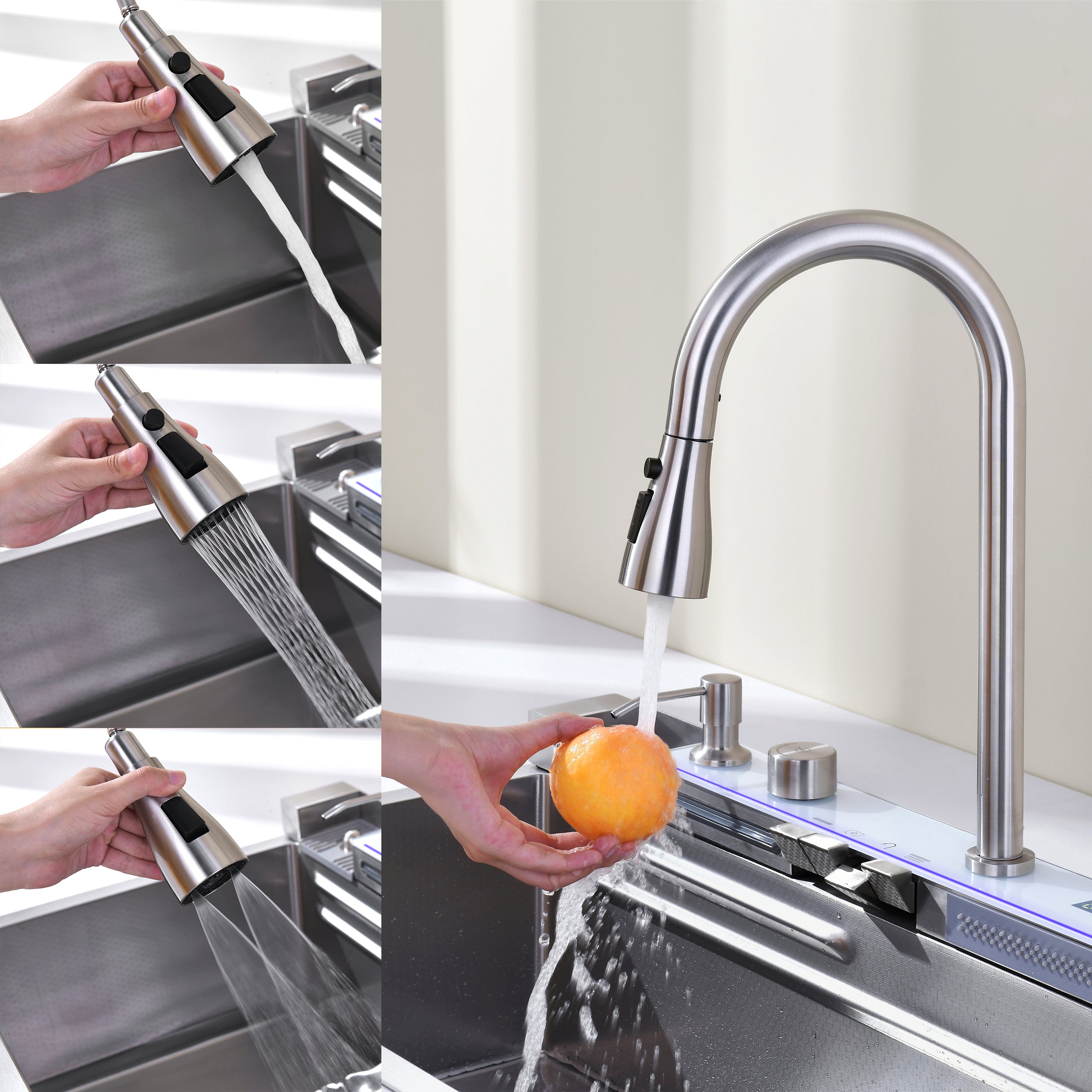 Dark Gray 304 Stainless Steel Sink with Pull-Out Faucet | Whale Waterfall Single Bowl Kitchen Sink