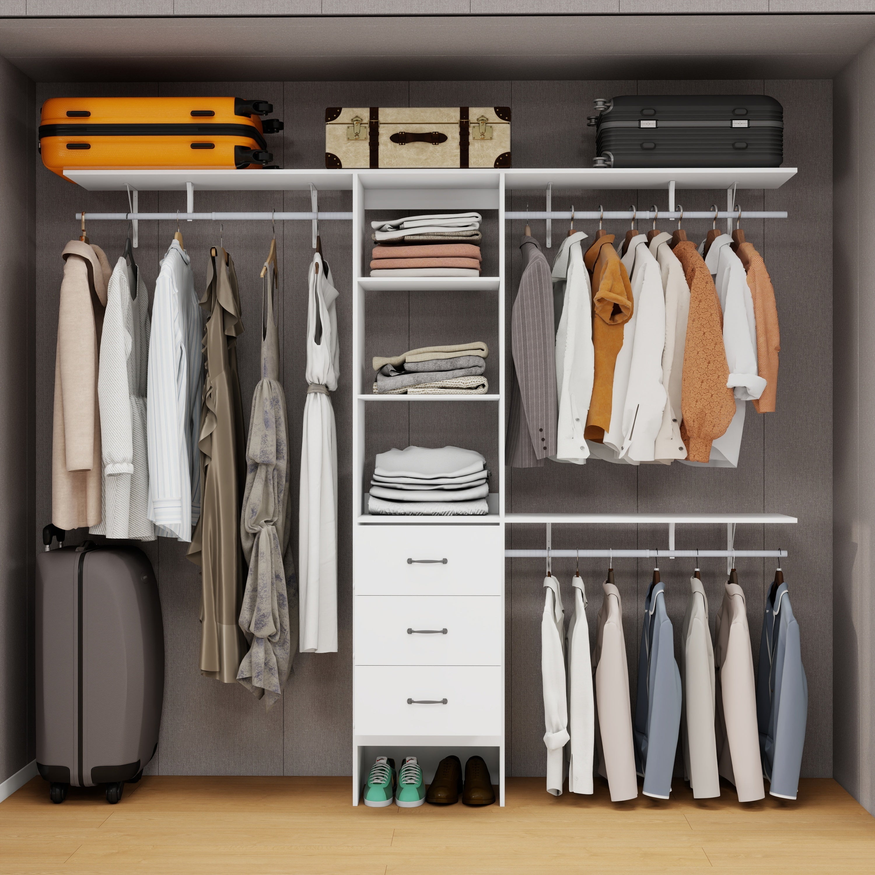 96 Inches Closet System, 8FT Walk In Closet Organizer with 3 Adjustable Shelves & 3 Expandable Hanger Rods & 3 Drawers, Built-In Garment Rack, 96"L x 16"W x 82"H, Load 1000 LBS-White