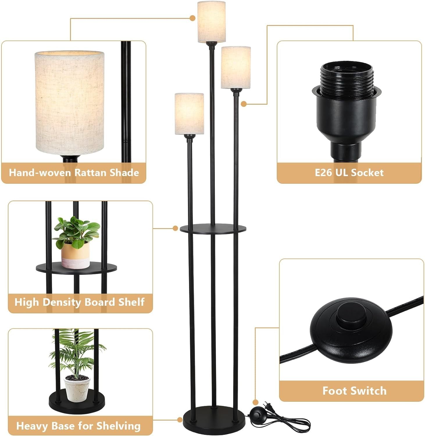 Floor Lamp with Shelves, Modern Floor Lamps for Living Room, 3-Lights Standing Lamp with Linen Shade and Foot Switch, Industrial Standing Lamps for Bedroom, Black Tall Table Lamp for Office