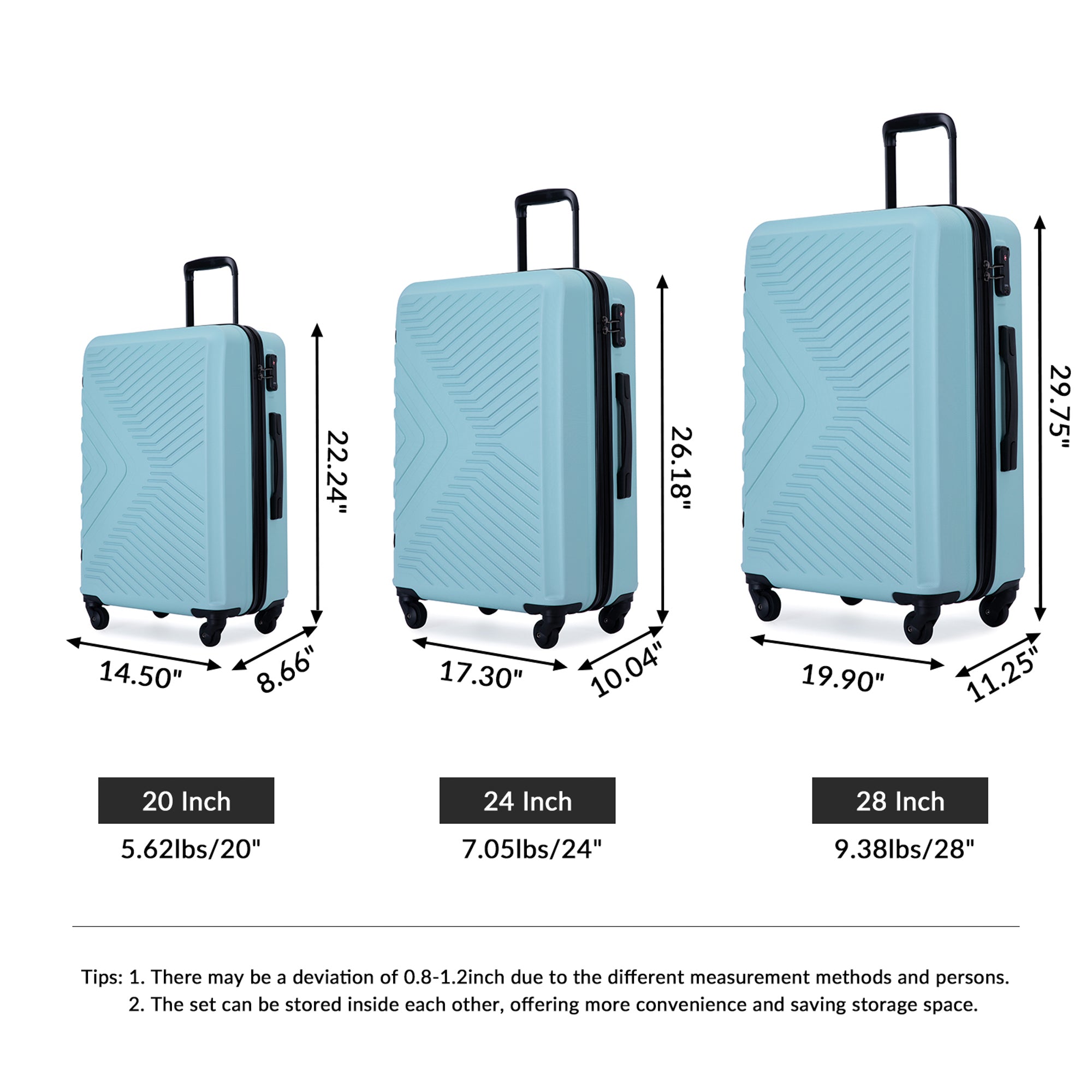 ABS Lightweight 3 Piece Luggage Sets with Two Hooks, Spinner Wheels, TSA Lock, Green (20/24/28 Inch)