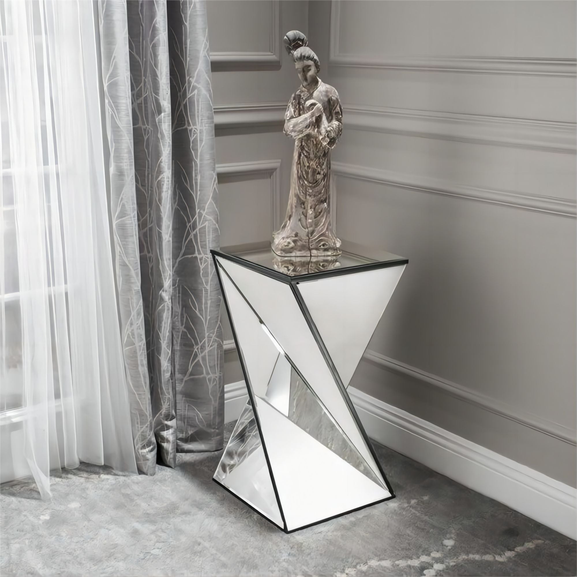 Geometrical Mirrored Side Table, Silver, Modern Chic Design, Durable and Clear, Ideal for Bedroom, Office, Living Room, 13.75" x 13.75" x 25.6"