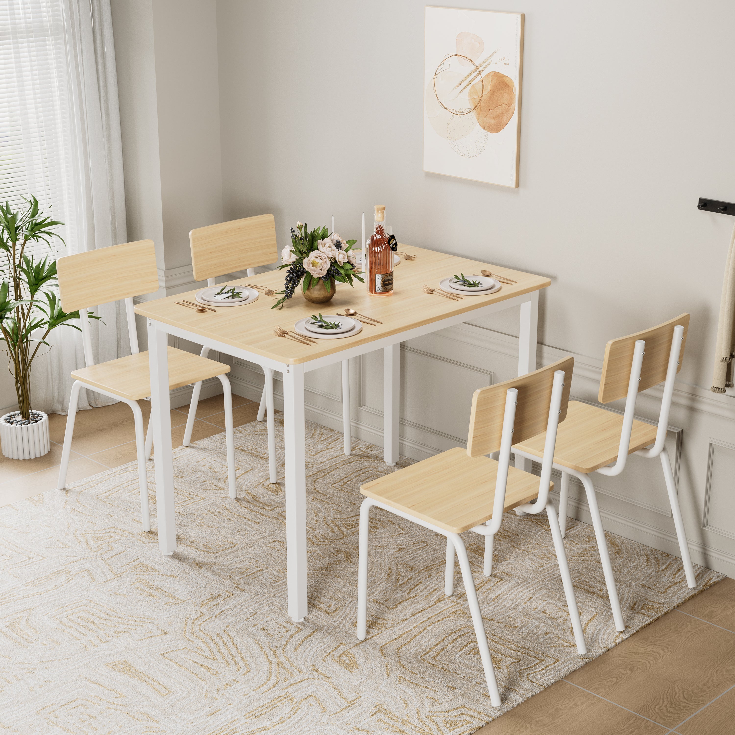 5-Piece Dining Table Set with 4 Chairs, 43" Kitchen Table and Chairs Set for 4, Metal Frame and MDF Board Dining Room Table, Perfect for Small Space, Easy to Clean