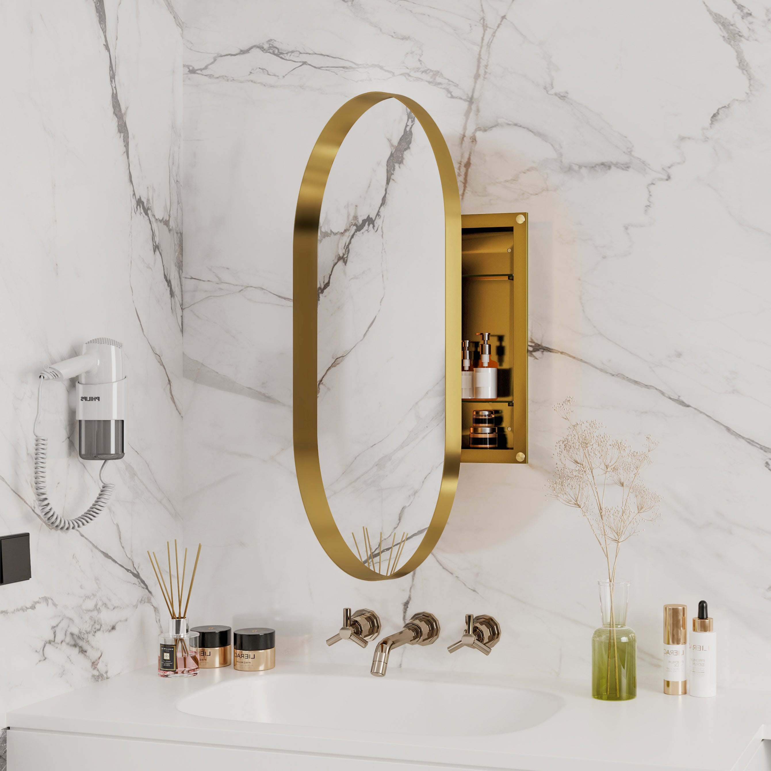 20x34" Oval Recessed Medicine Cabinet, Metal Framed Bathroom Wall Cabinet with Mirror, Adjustable Shelves, Matte Gold Wall Mirror with Storage for Bathroom