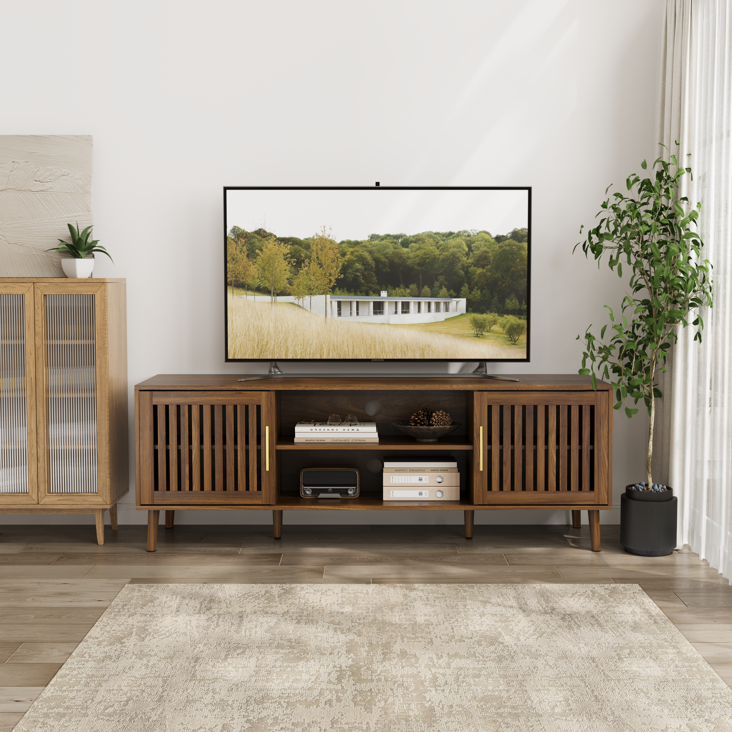 63-Inch Walnut TV Stand – Mid-Century Modern Entertainment Center with 2 Grille Door Cabinets & Adjustable Storage Rack, Fits 55/65/70 Inch TVs