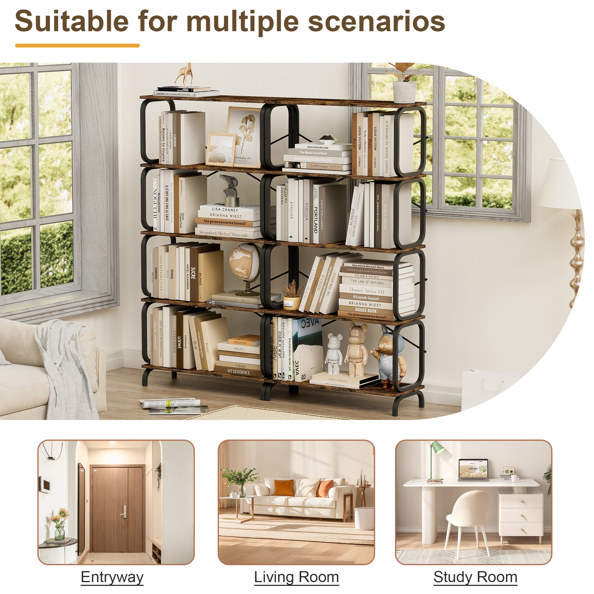  5-Tier Large Book Shelf, Open Bookcase for Home Office, Living Room, Vintage Industrial Style Bookshelf with Metal Frame, Rustic Brown