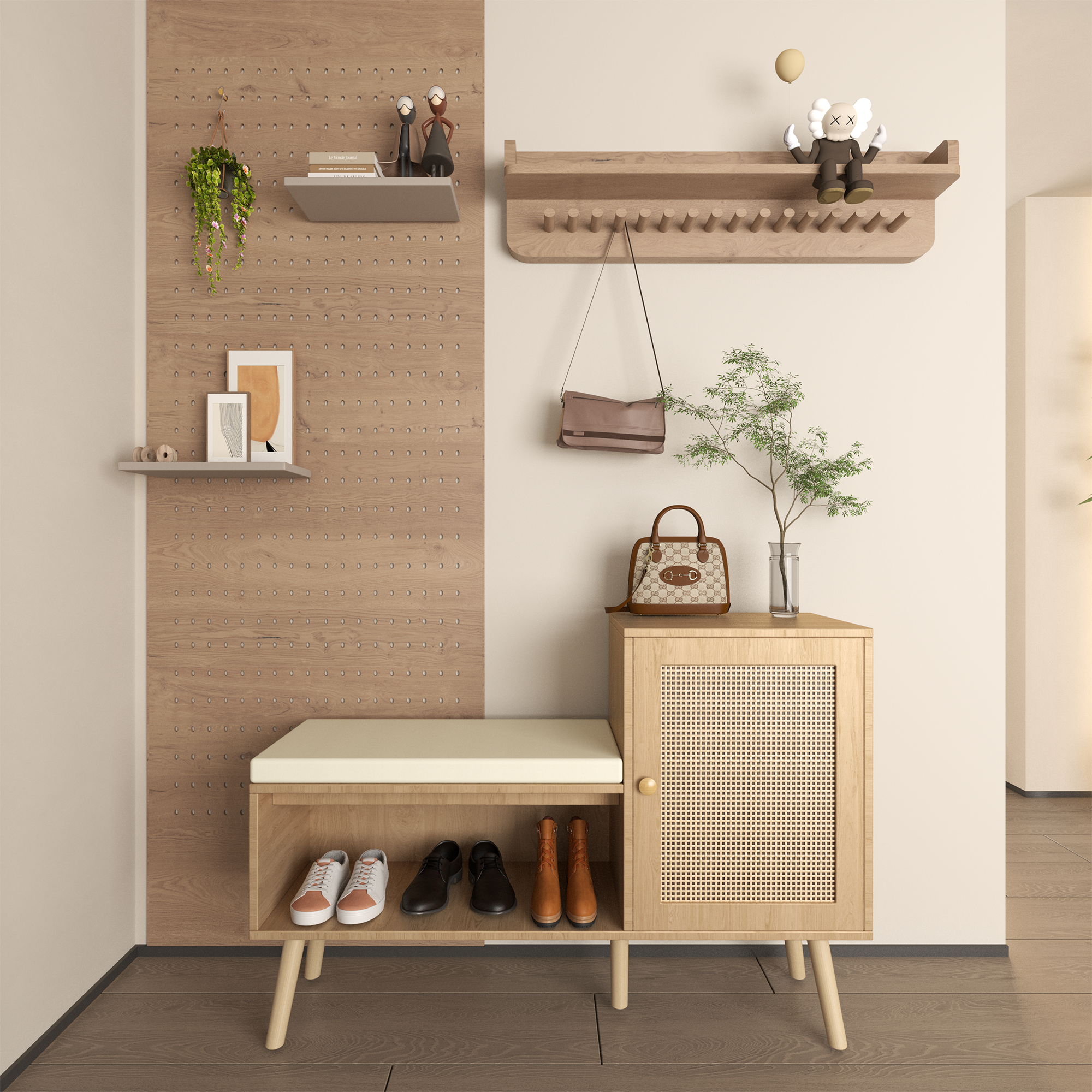 2-in-1 Shoe Storage Bench, Natural Rattan Shoe Cabinet with Adjustable Shelves & Removable Seat Cushion – Modern Entryway Bench, Shoe Storage Organizer for Hallway, Bedroom